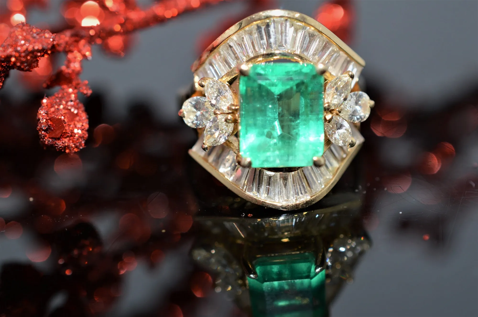 14K Yellow Gold Genuine Emerald And Diamond Ring