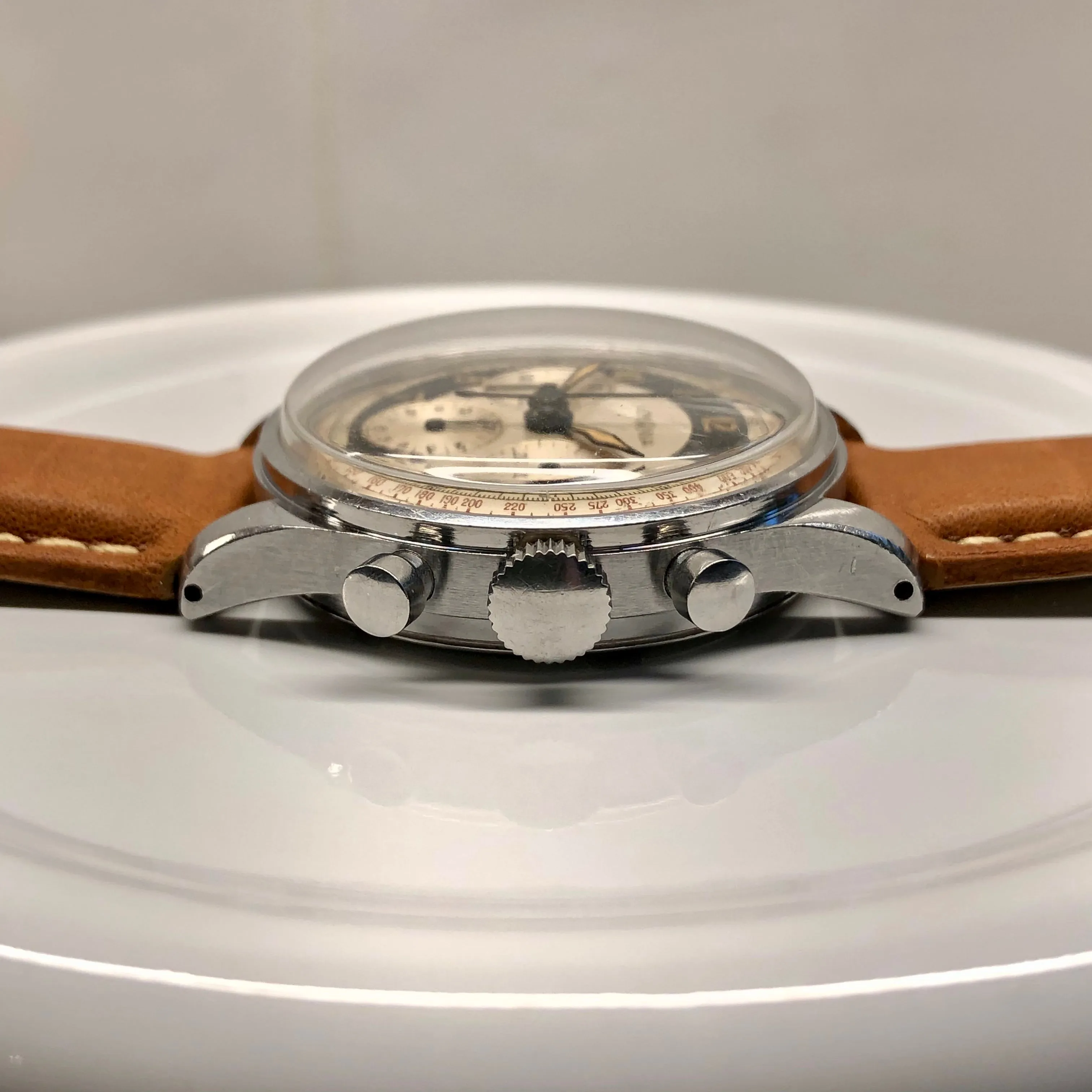 1950s Lemania Exotic Multiscale Dial 27CH Stainless Steel Chronograph Wristwatch