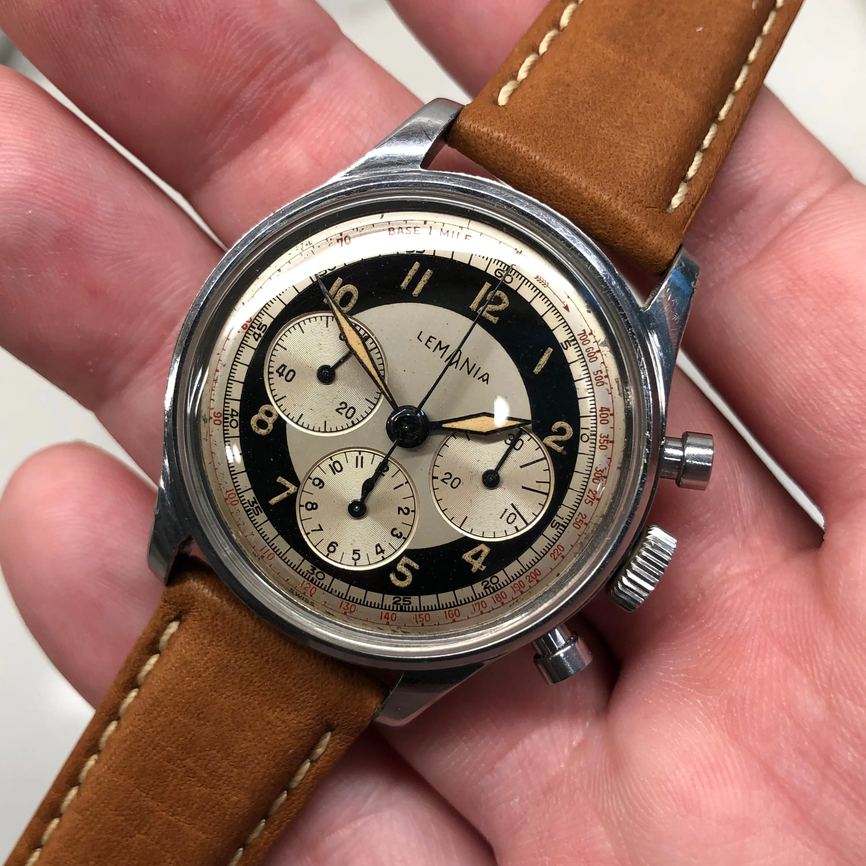 1950s Lemania Exotic Multiscale Dial 27CH Stainless Steel Chronograph Wristwatch