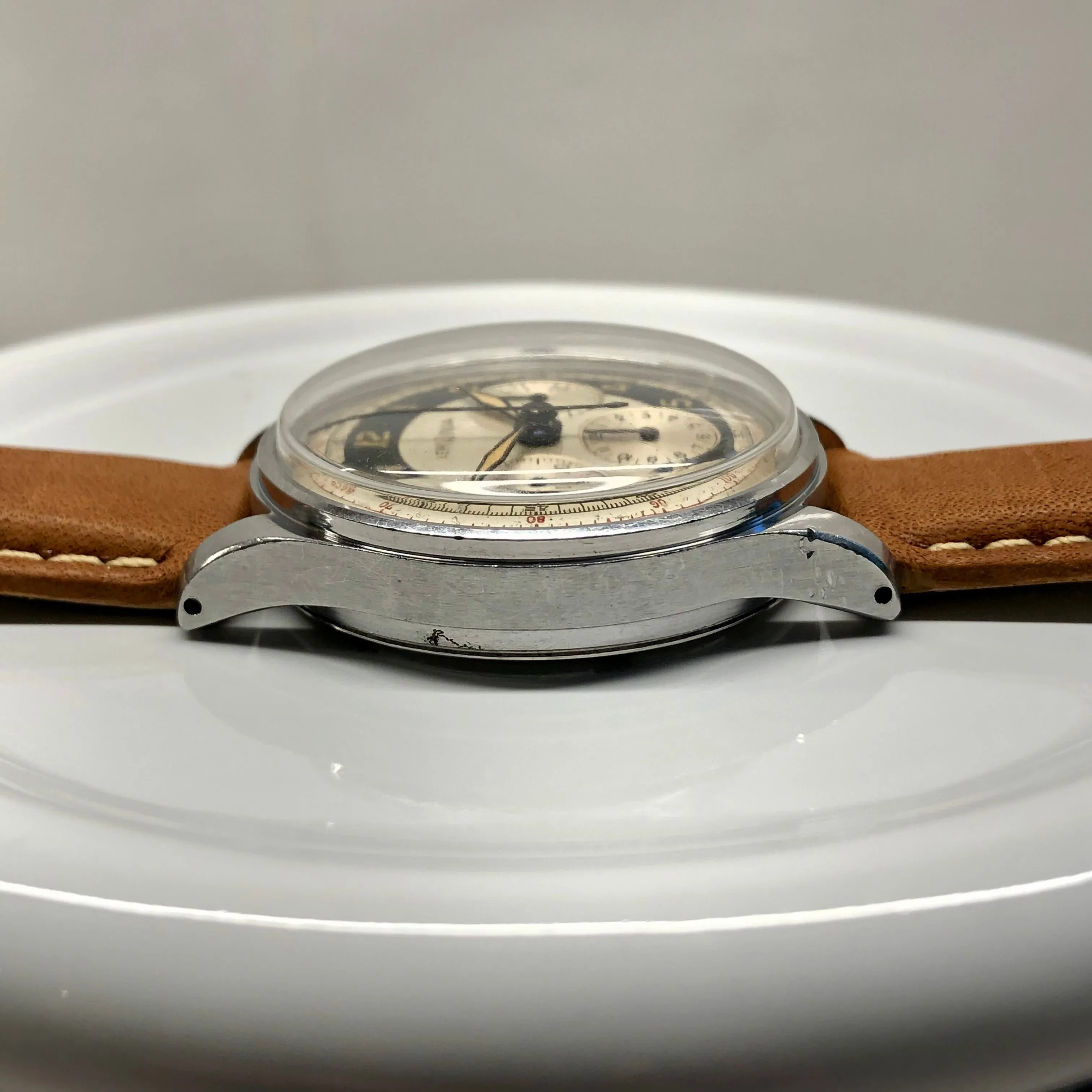 1950s Lemania Exotic Multiscale Dial 27CH Stainless Steel Chronograph Wristwatch