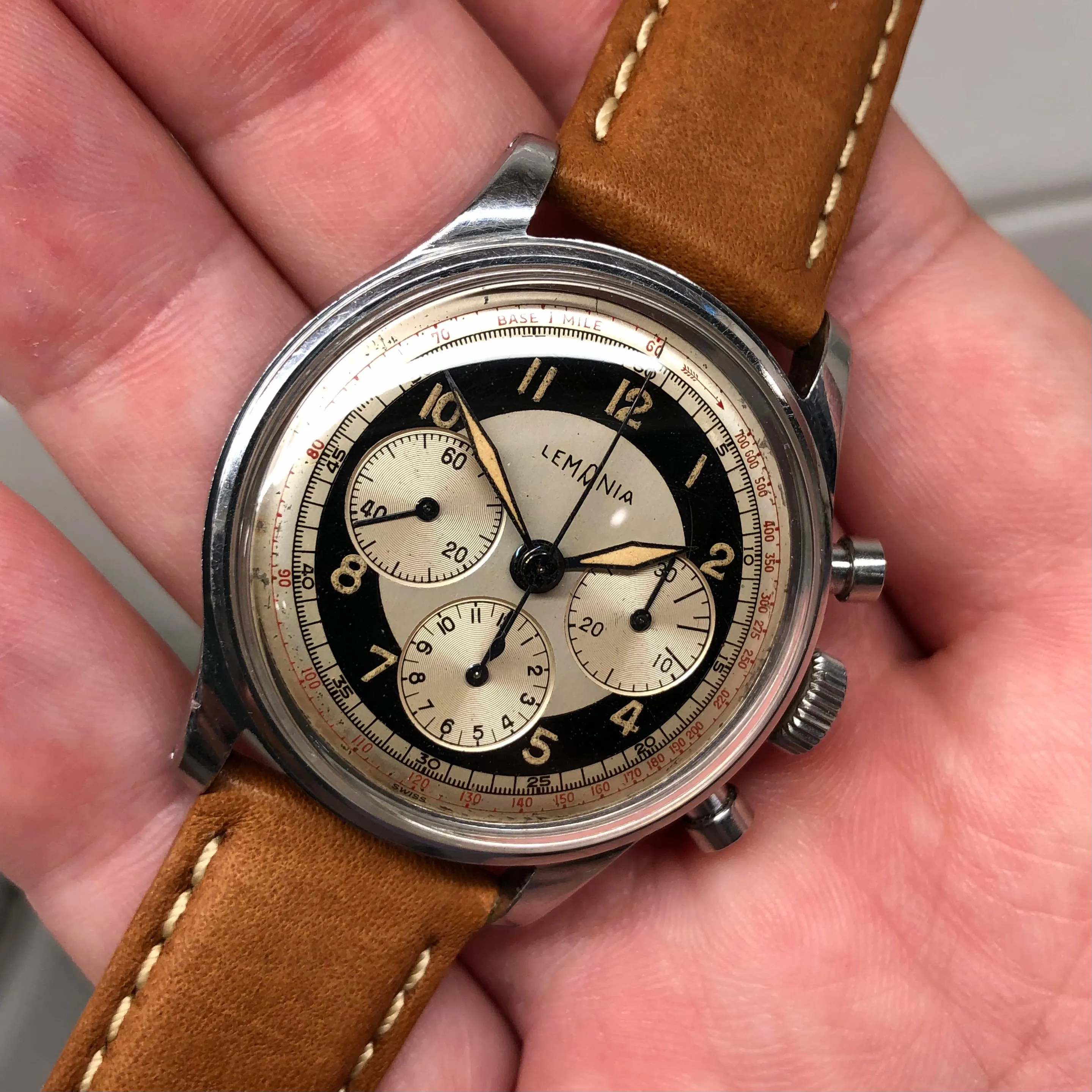1950s Lemania Exotic Multiscale Dial 27CH Stainless Steel Chronograph Wristwatch