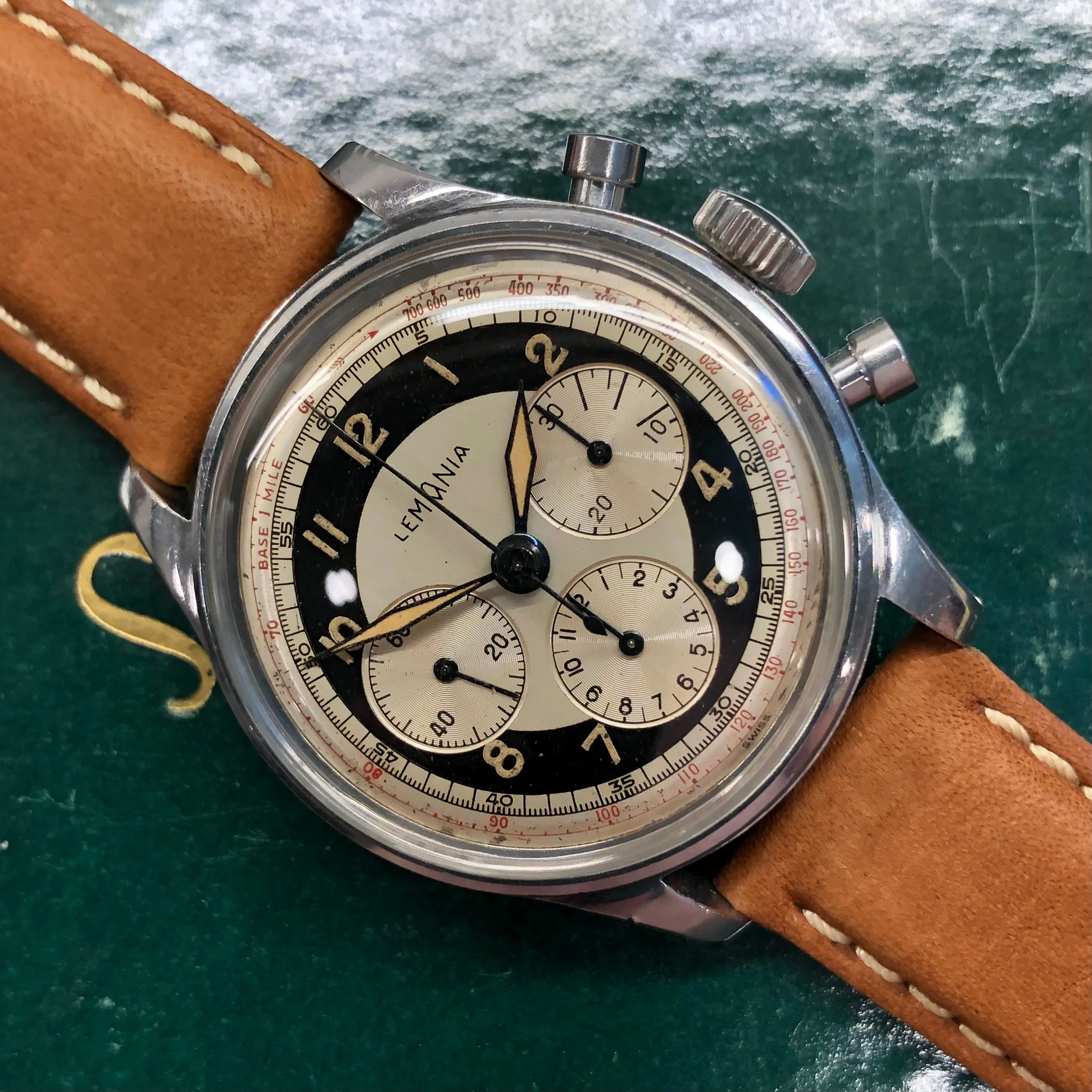 1950s Lemania Exotic Multiscale Dial 27CH Stainless Steel Chronograph Wristwatch