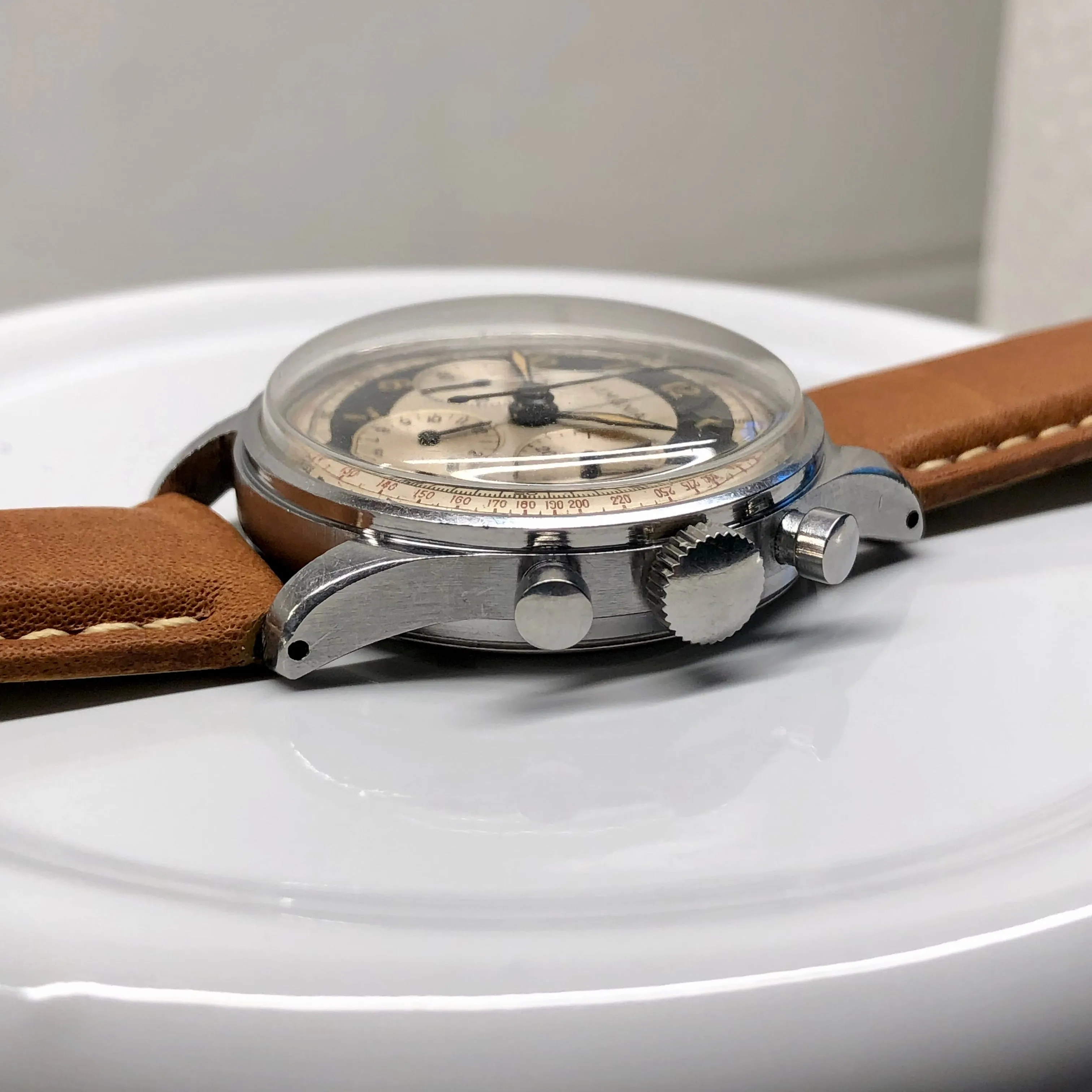 1950s Lemania Exotic Multiscale Dial 27CH Stainless Steel Chronograph Wristwatch