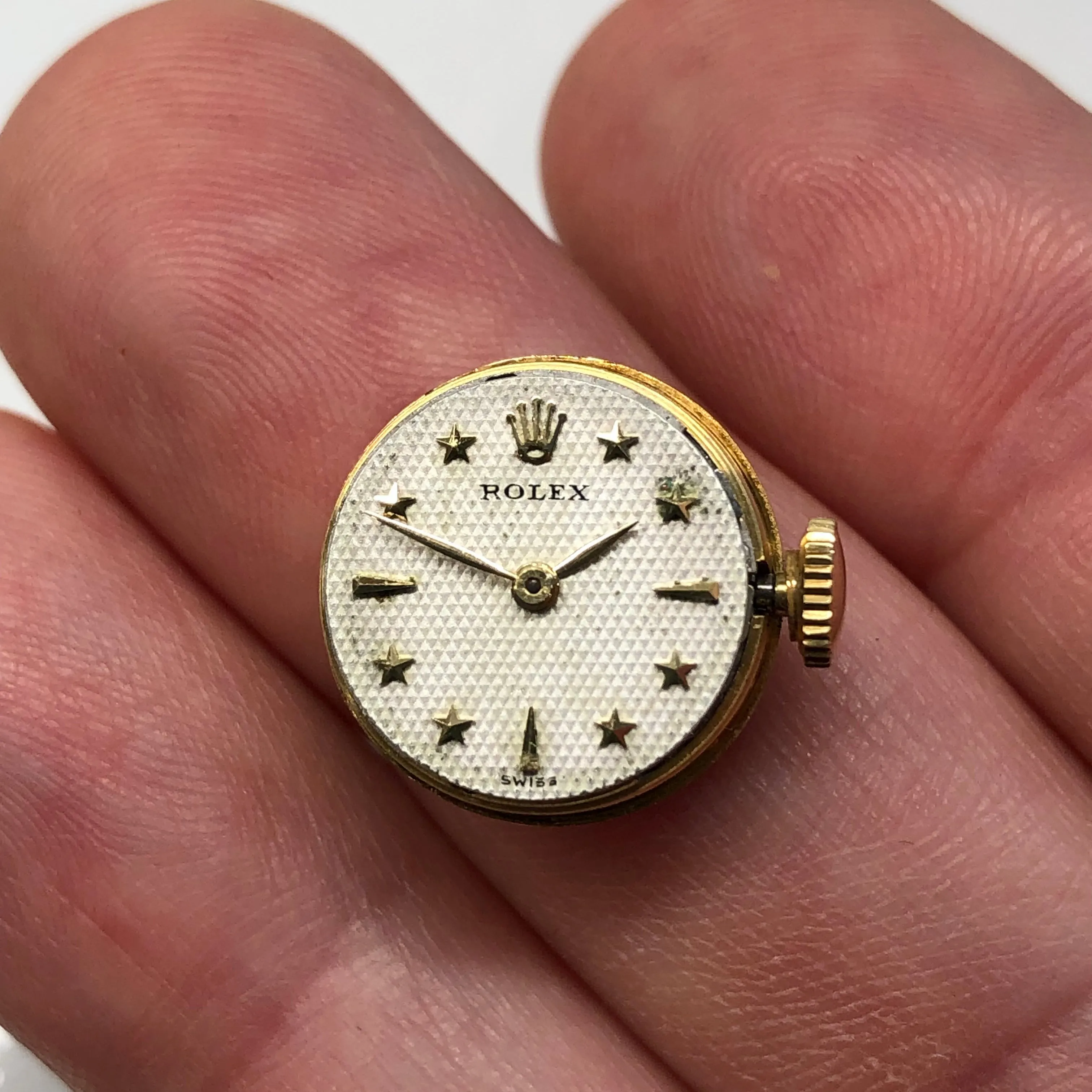 1950s Rolex Precision 00008 White Waffle Star Dial 18K Yellow Gold Cocktail Dress Wristwatch