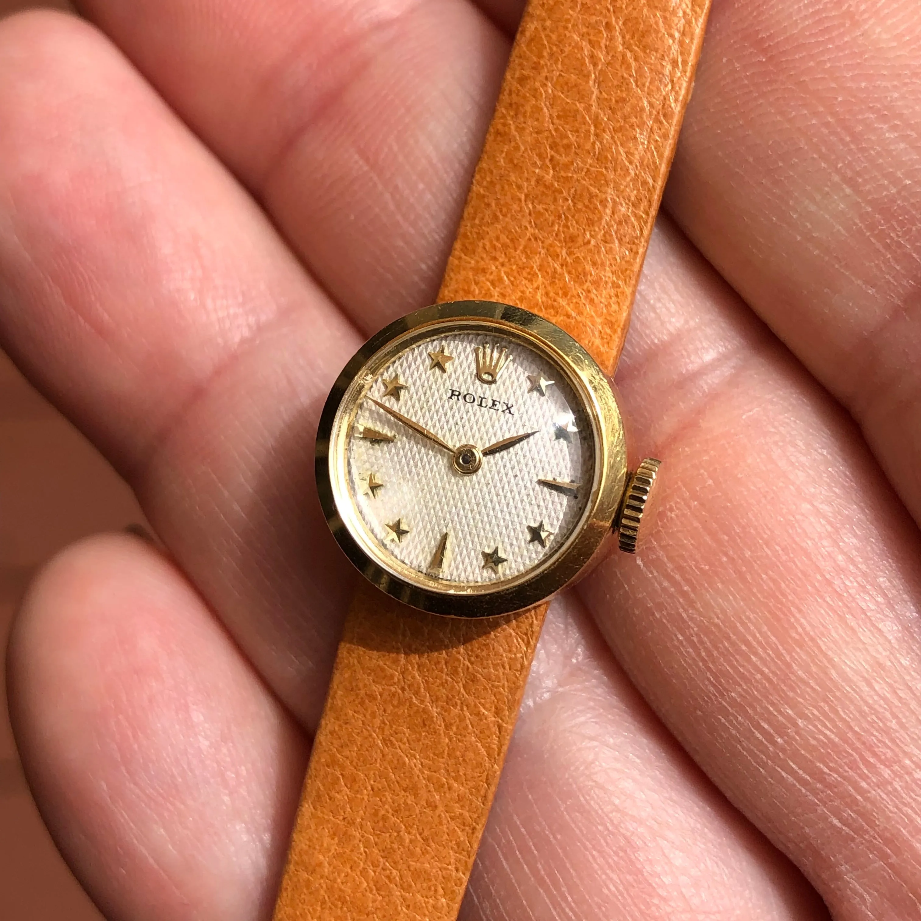 1950s Rolex Precision 00008 White Waffle Star Dial 18K Yellow Gold Cocktail Dress Wristwatch
