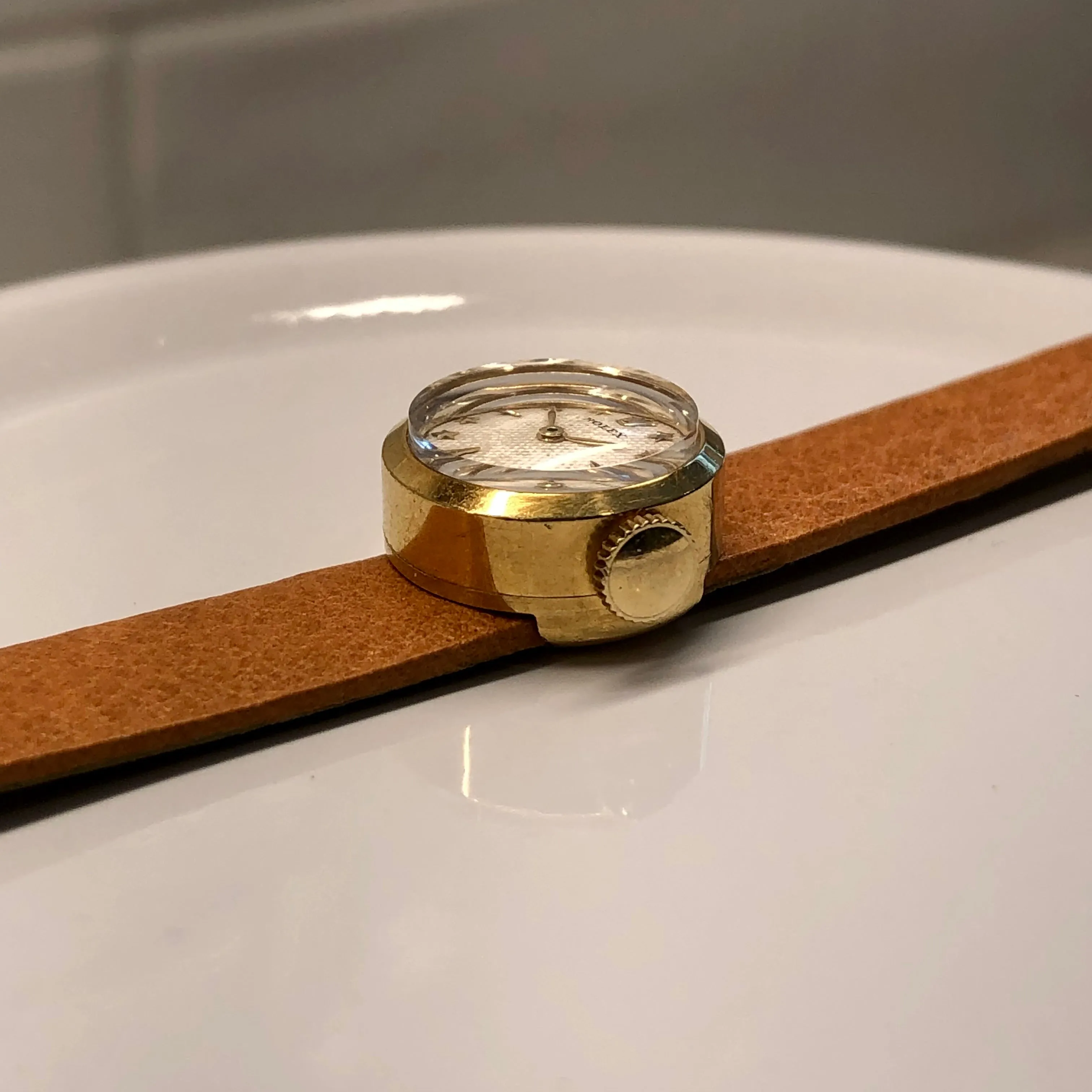 1950s Rolex Precision 00008 White Waffle Star Dial 18K Yellow Gold Cocktail Dress Wristwatch