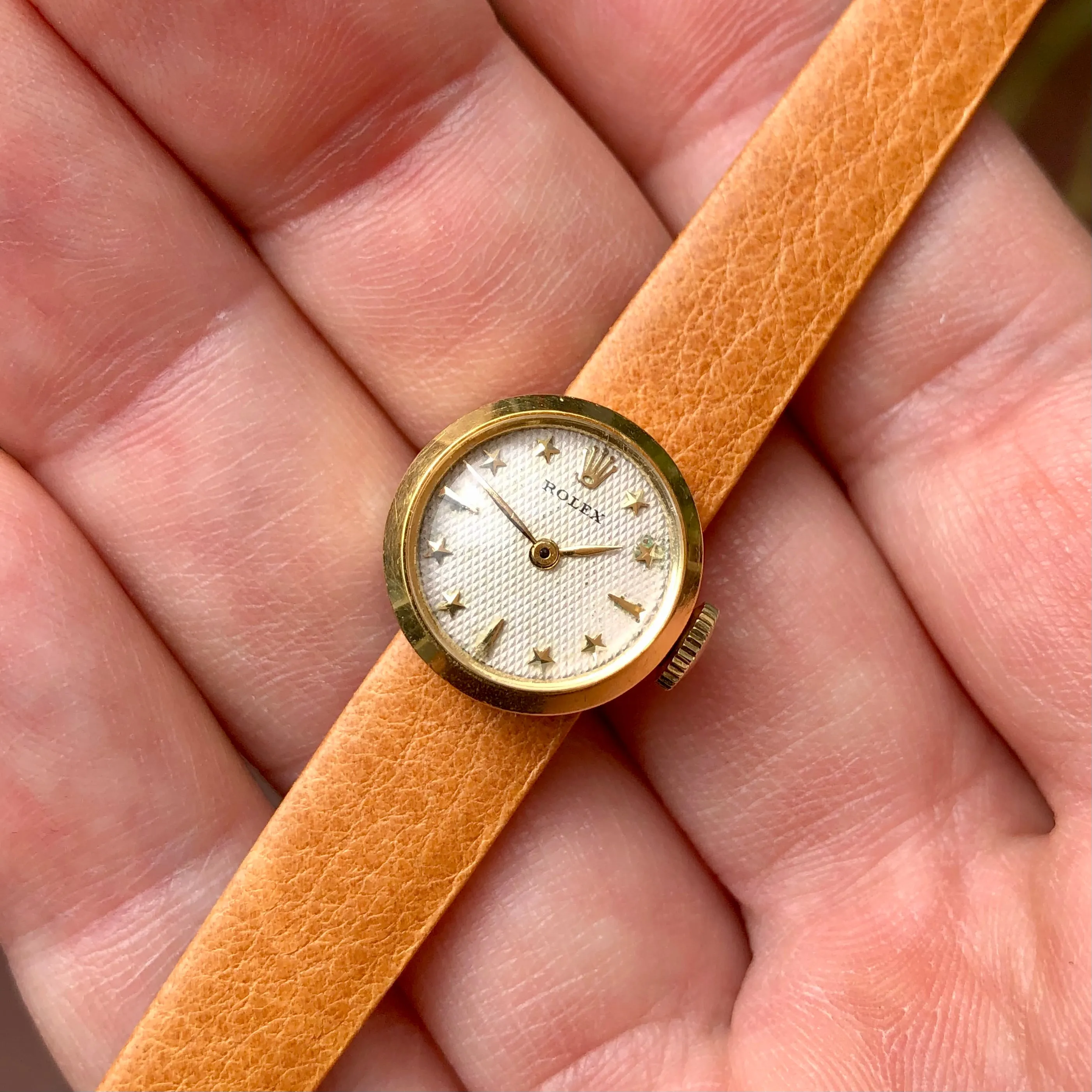1950s Rolex Precision 00008 White Waffle Star Dial 18K Yellow Gold Cocktail Dress Wristwatch