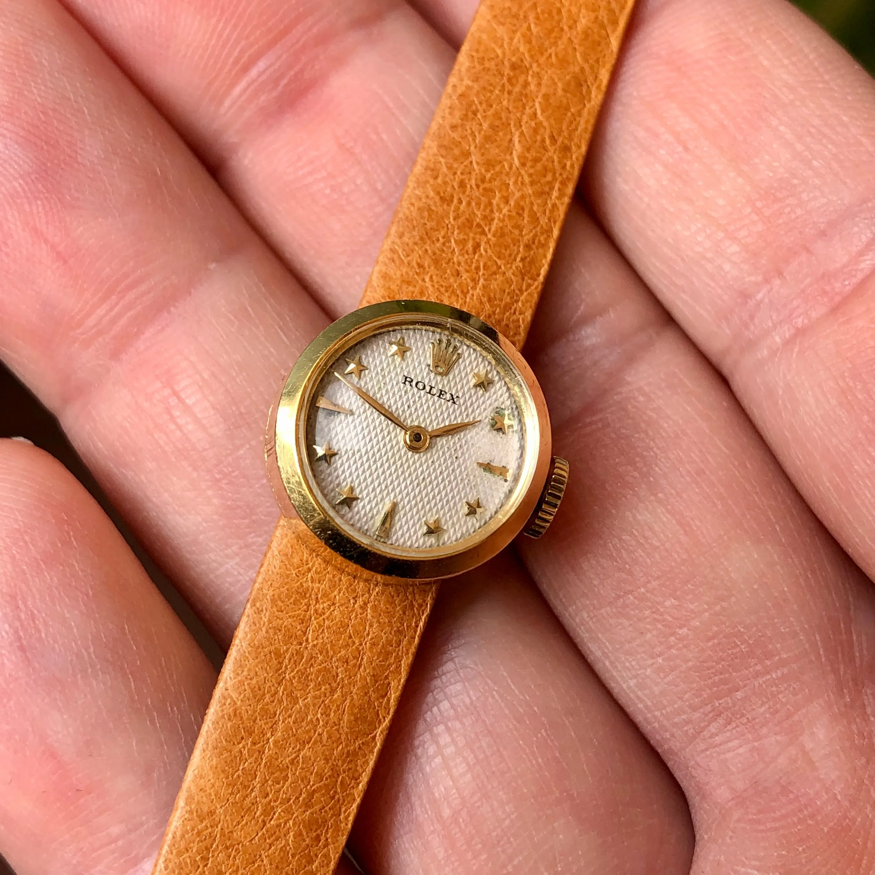 1950s Rolex Precision 00008 White Waffle Star Dial 18K Yellow Gold Cocktail Dress Wristwatch