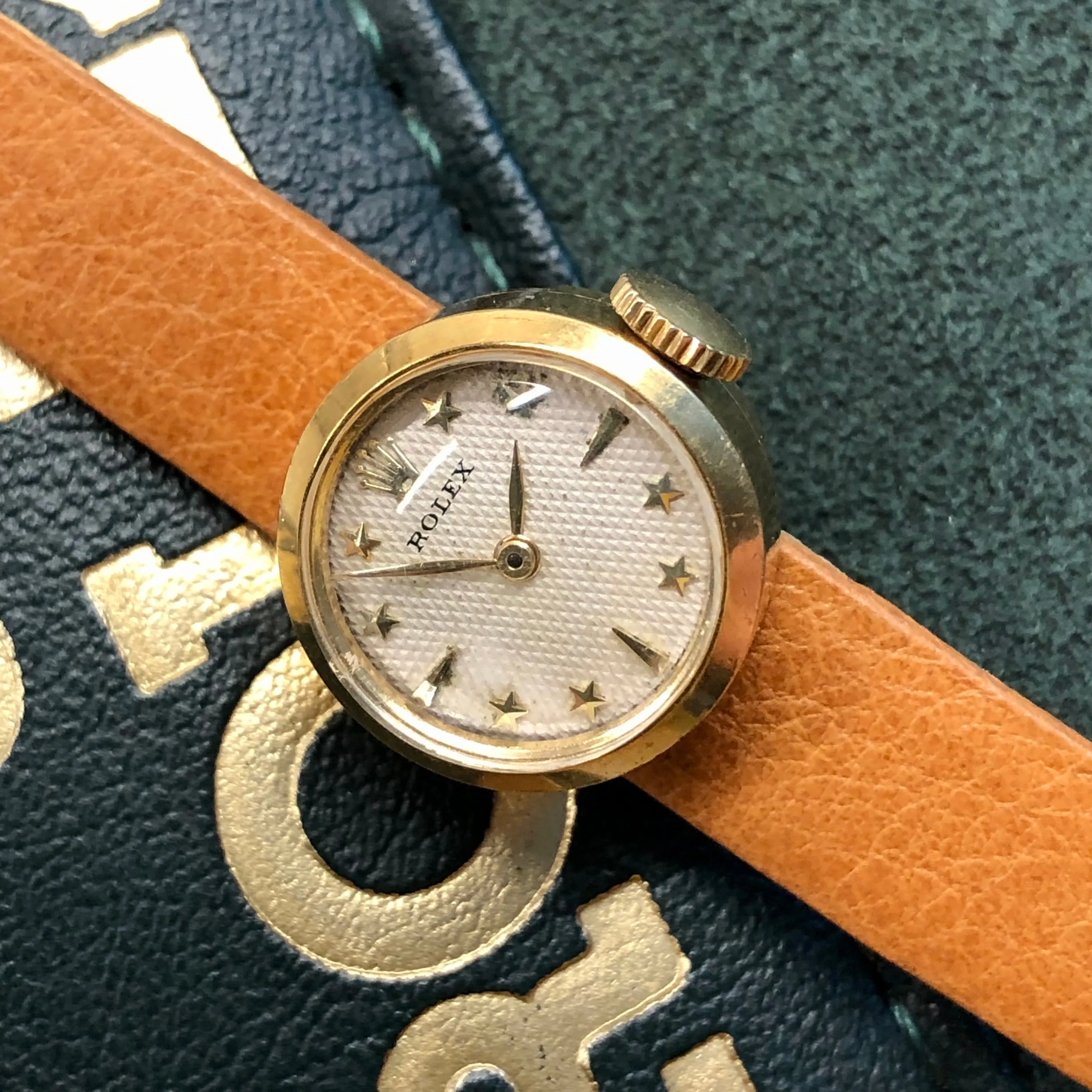 1950s Rolex Precision 00008 White Waffle Star Dial 18K Yellow Gold Cocktail Dress Wristwatch