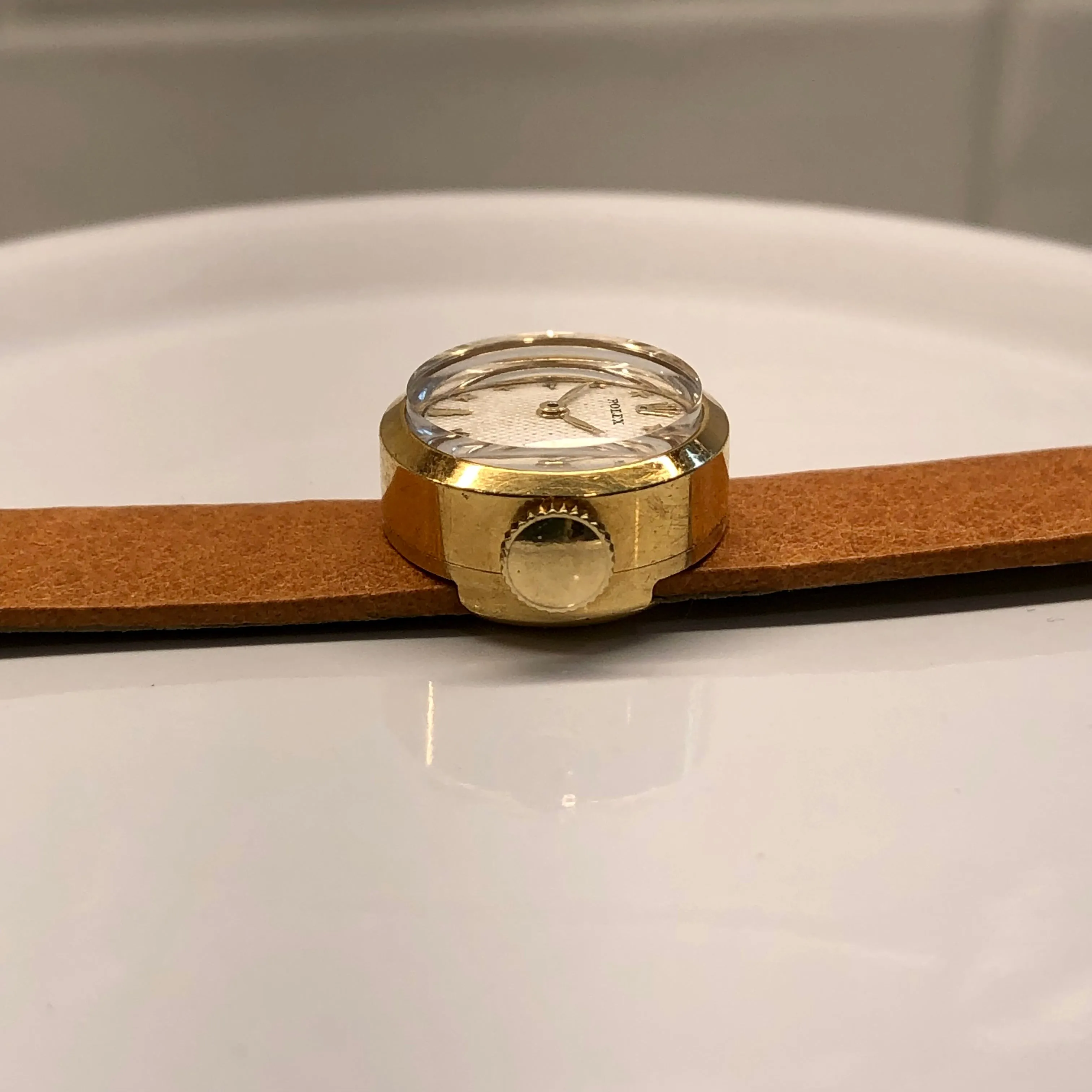 1950s Rolex Precision 00008 White Waffle Star Dial 18K Yellow Gold Cocktail Dress Wristwatch