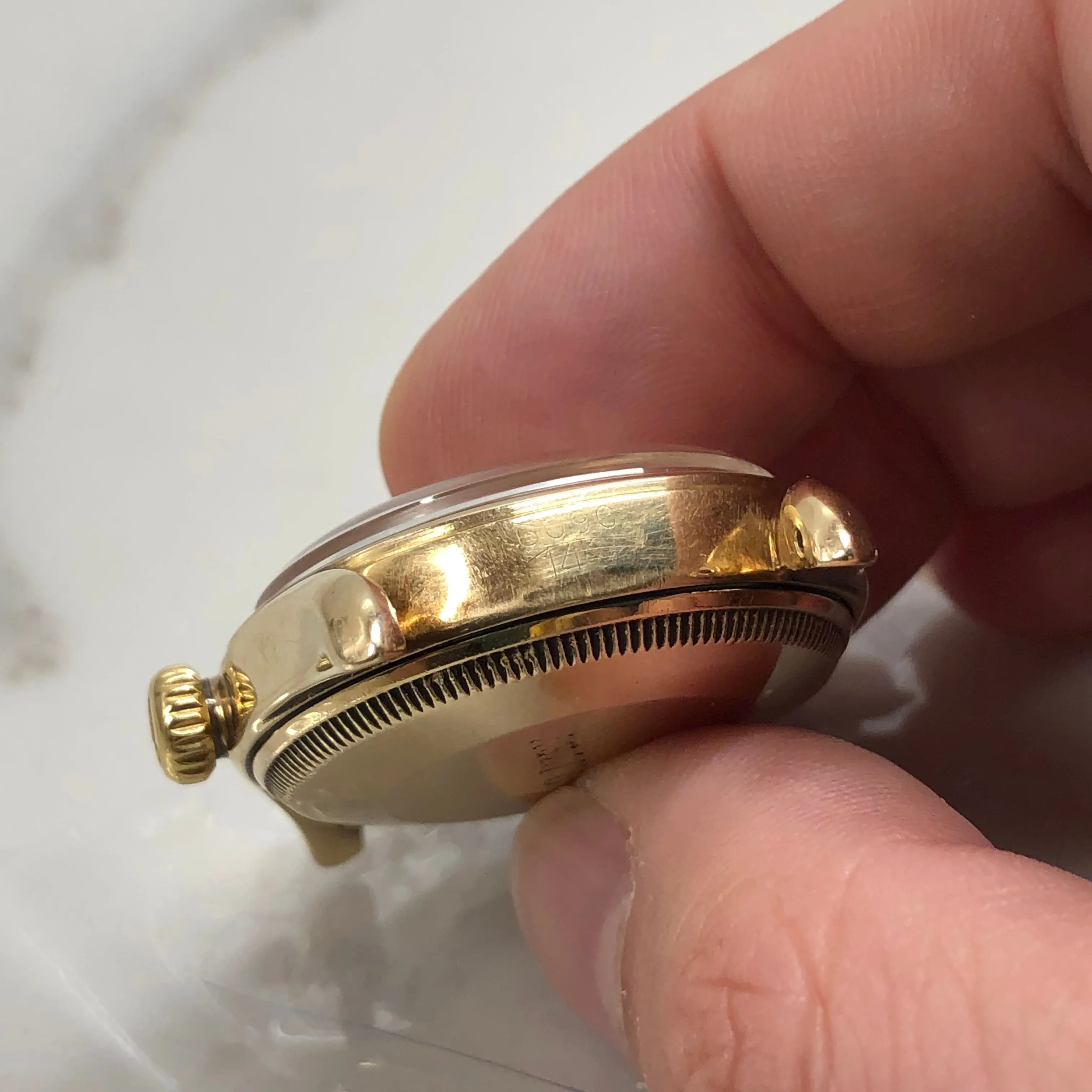 1952 Rolex Bombay 6090 Oyster Perpetual 14K Yellow Gold Red “Officially” Original Dial Wristwatch