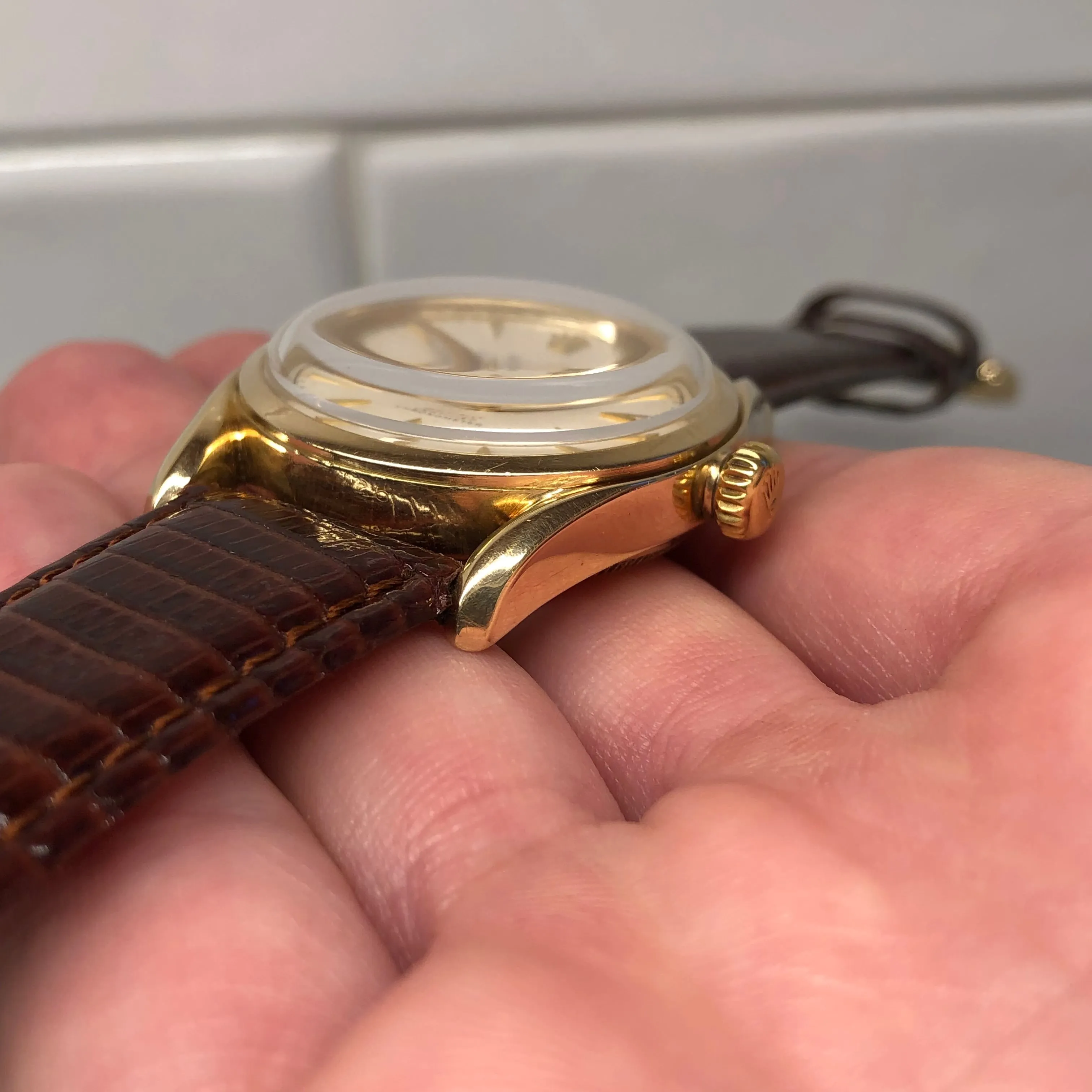1952 Rolex Bombay 6090 Oyster Perpetual 14K Yellow Gold Red “Officially” Original Dial Wristwatch
