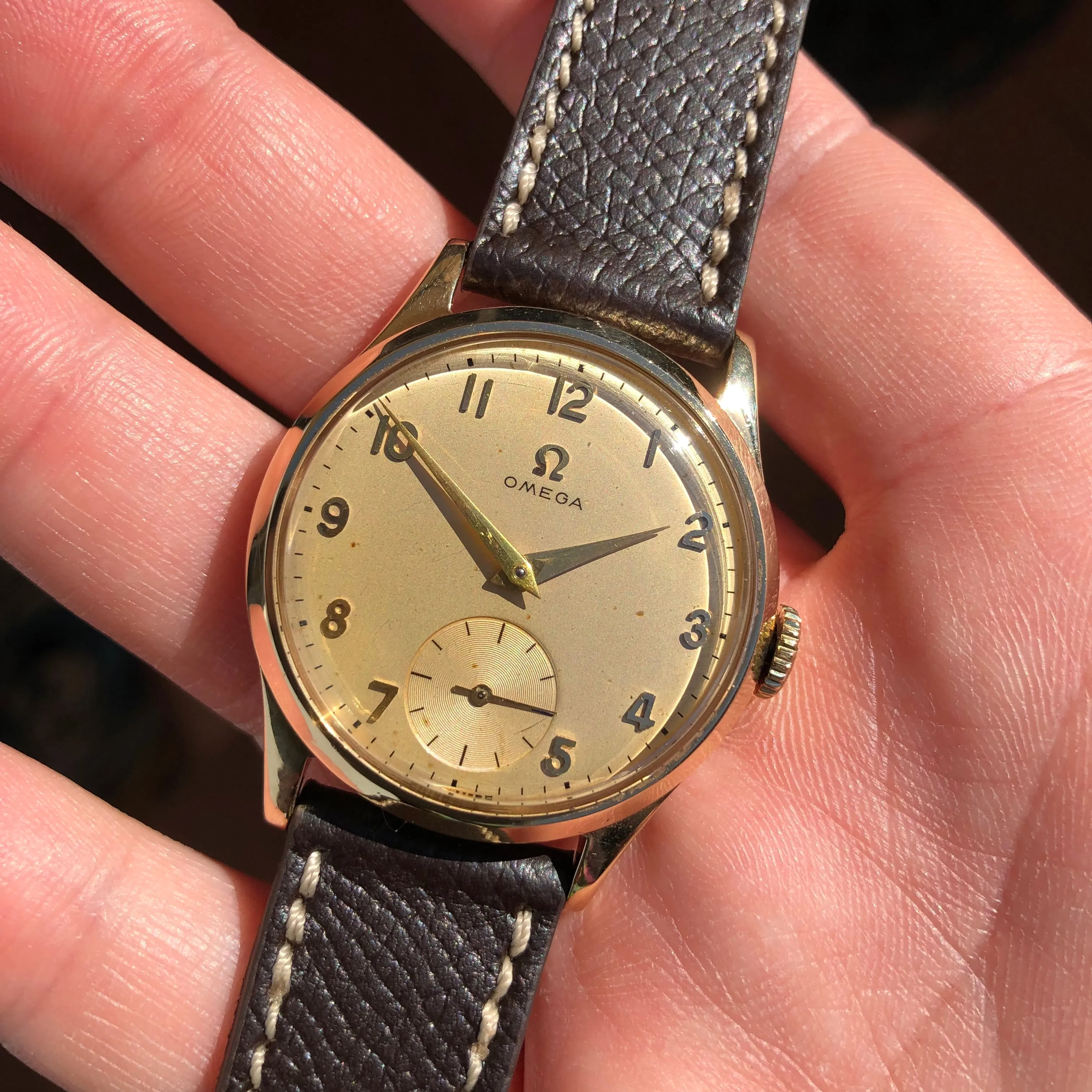 1954 Vintage Omega 9k Gold 13322 Arabic Dial Wristwatch with Original Box and Receipt