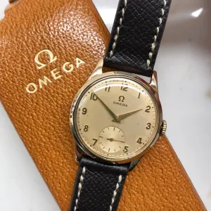 1954 Vintage Omega 9k Gold 13322 Arabic Dial Wristwatch with Original Box and Receipt