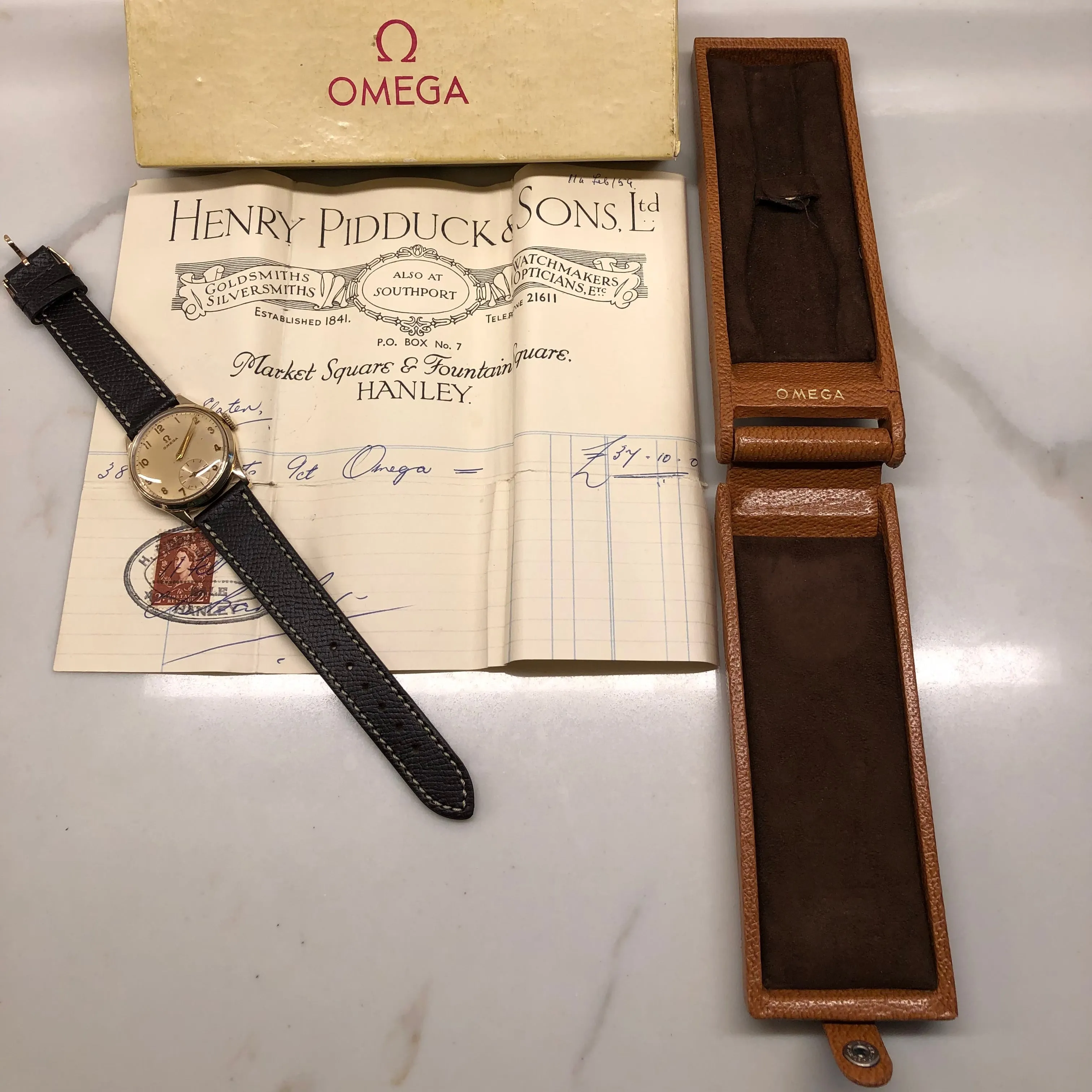 1954 Vintage Omega 9k Gold 13322 Arabic Dial Wristwatch with Original Box and Receipt