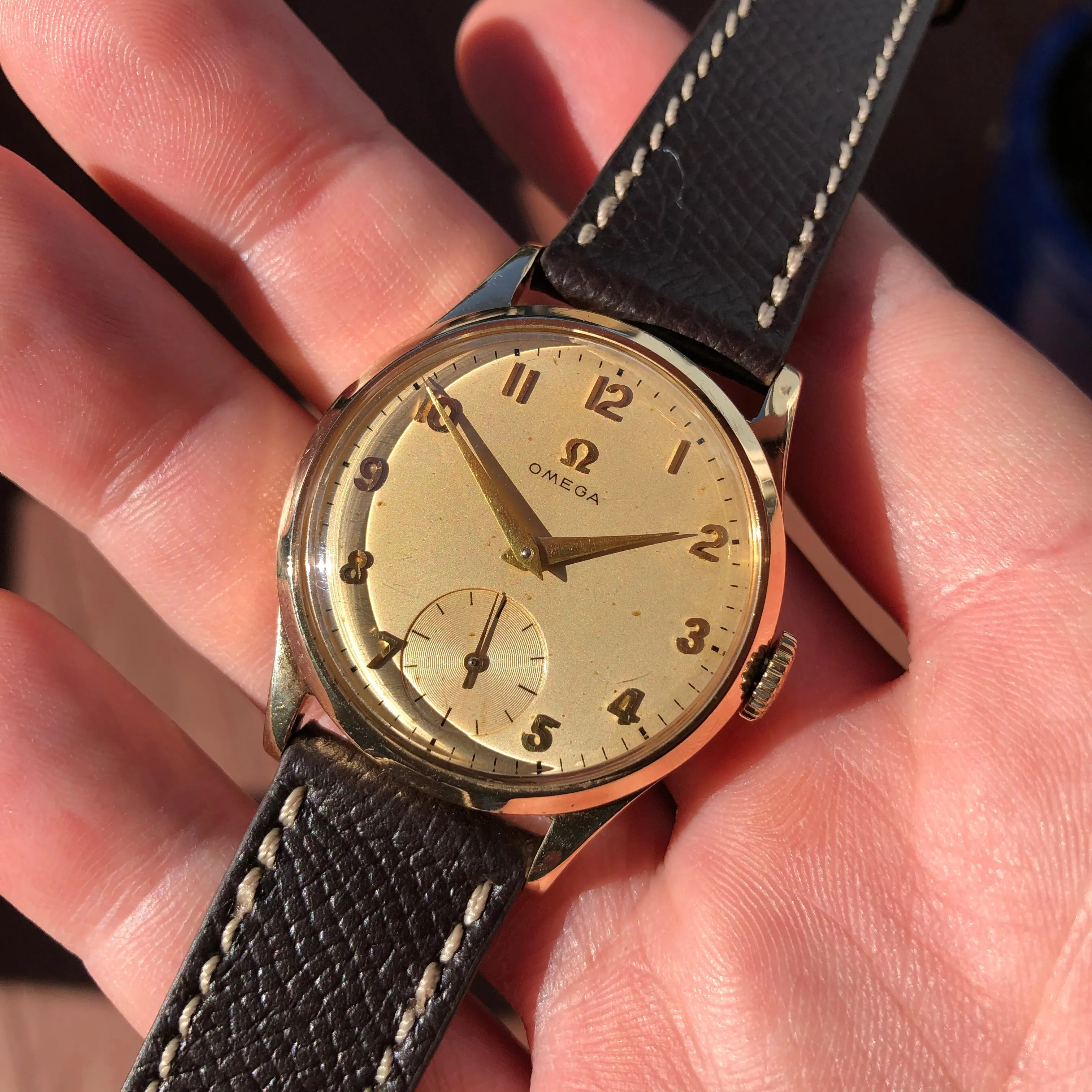 1954 Vintage Omega 9k Gold 13322 Arabic Dial Wristwatch with Original Box and Receipt