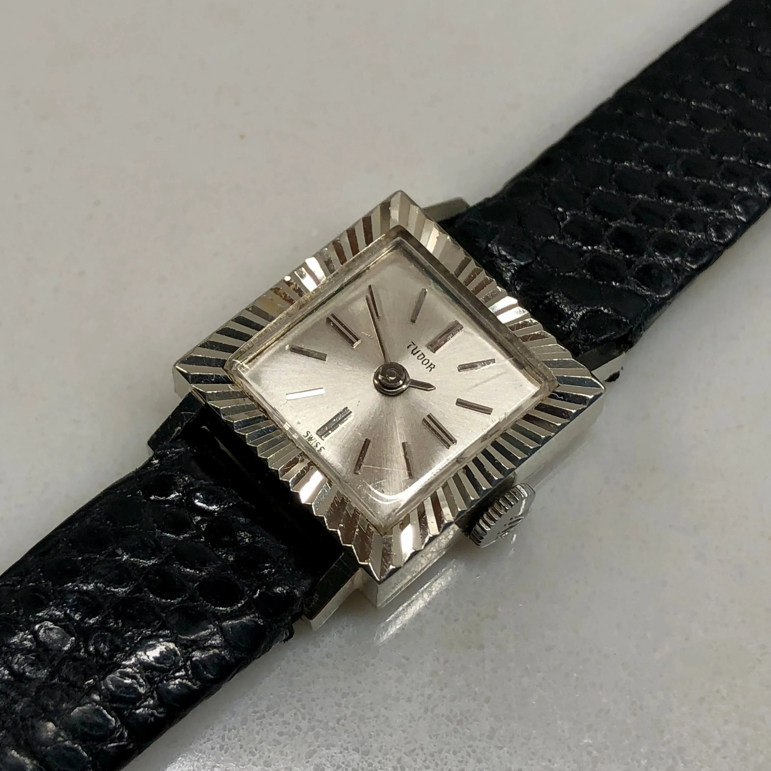 1966 Tudor 18K White Gold Ladies 1665 Square Fluted Bezel Leather Strap Wristwatch