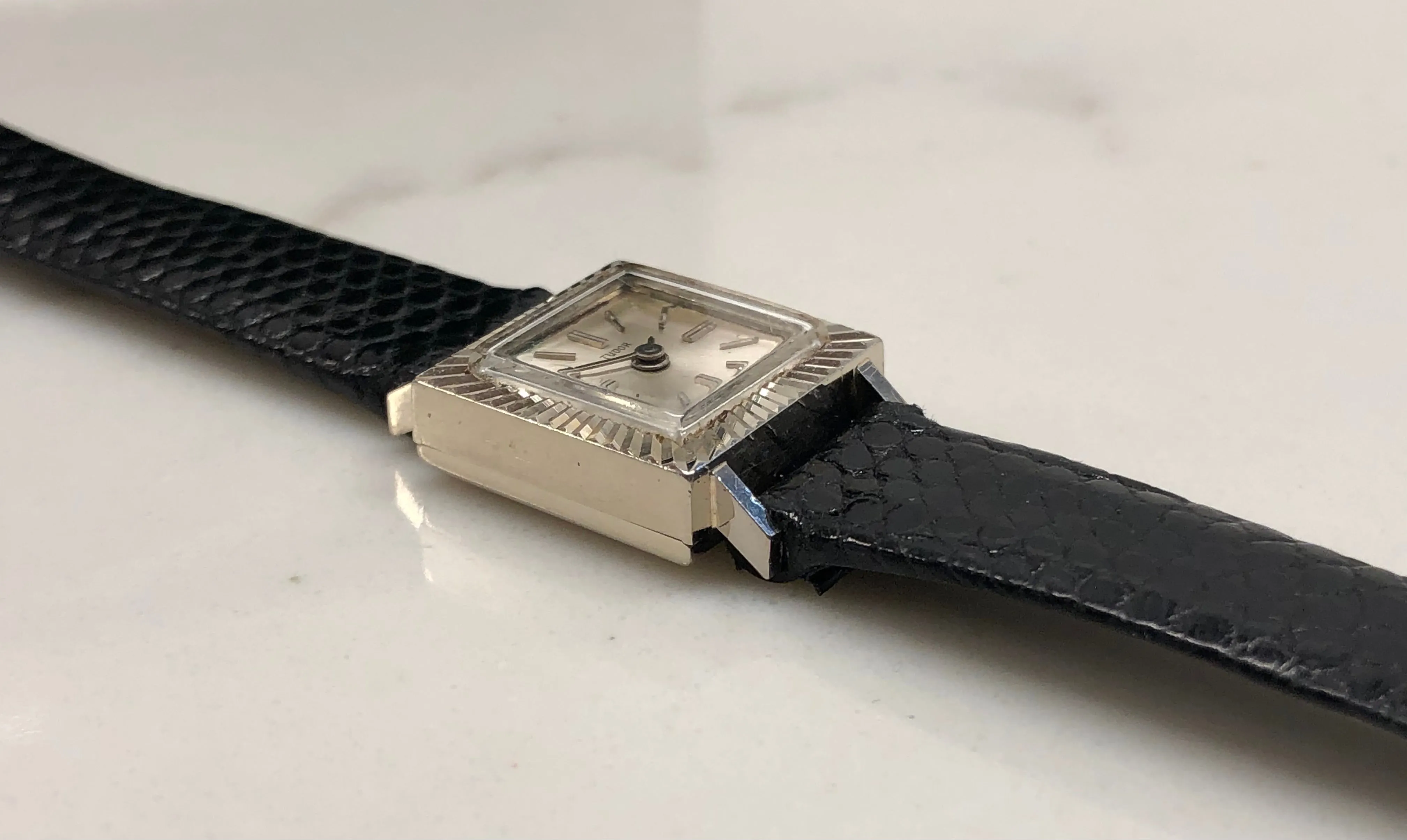 1966 Tudor 18K White Gold Ladies 1665 Square Fluted Bezel Leather Strap Wristwatch