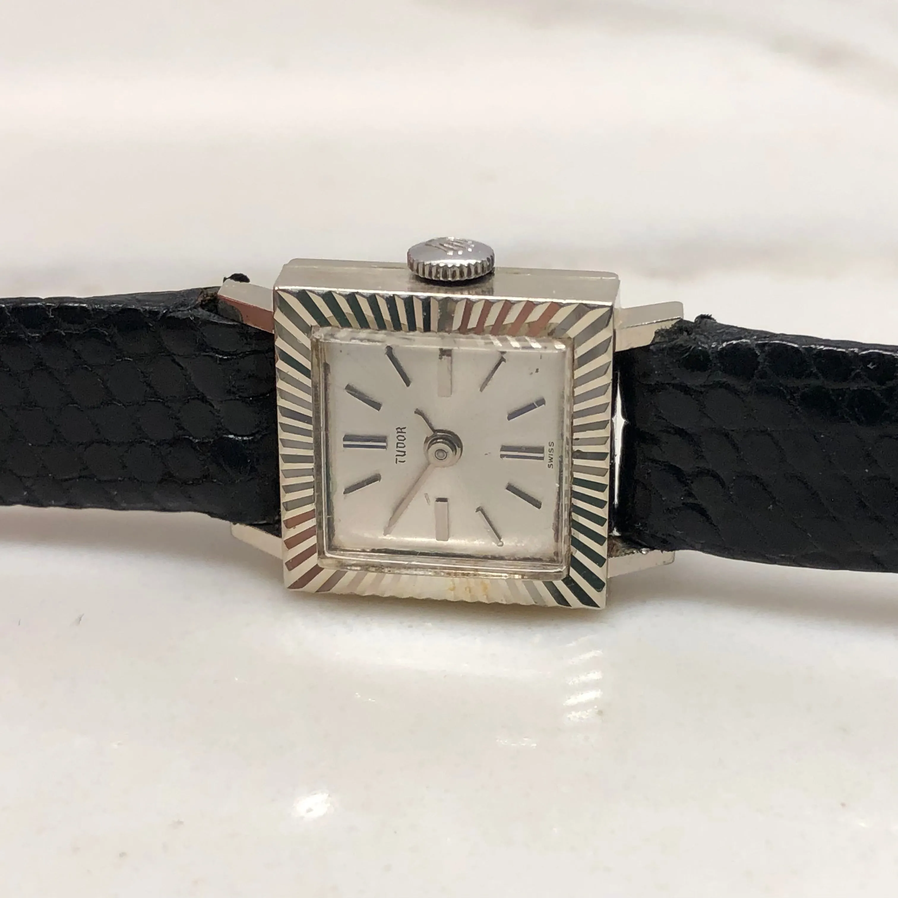 1966 Tudor 18K White Gold Ladies 1665 Square Fluted Bezel Leather Strap Wristwatch