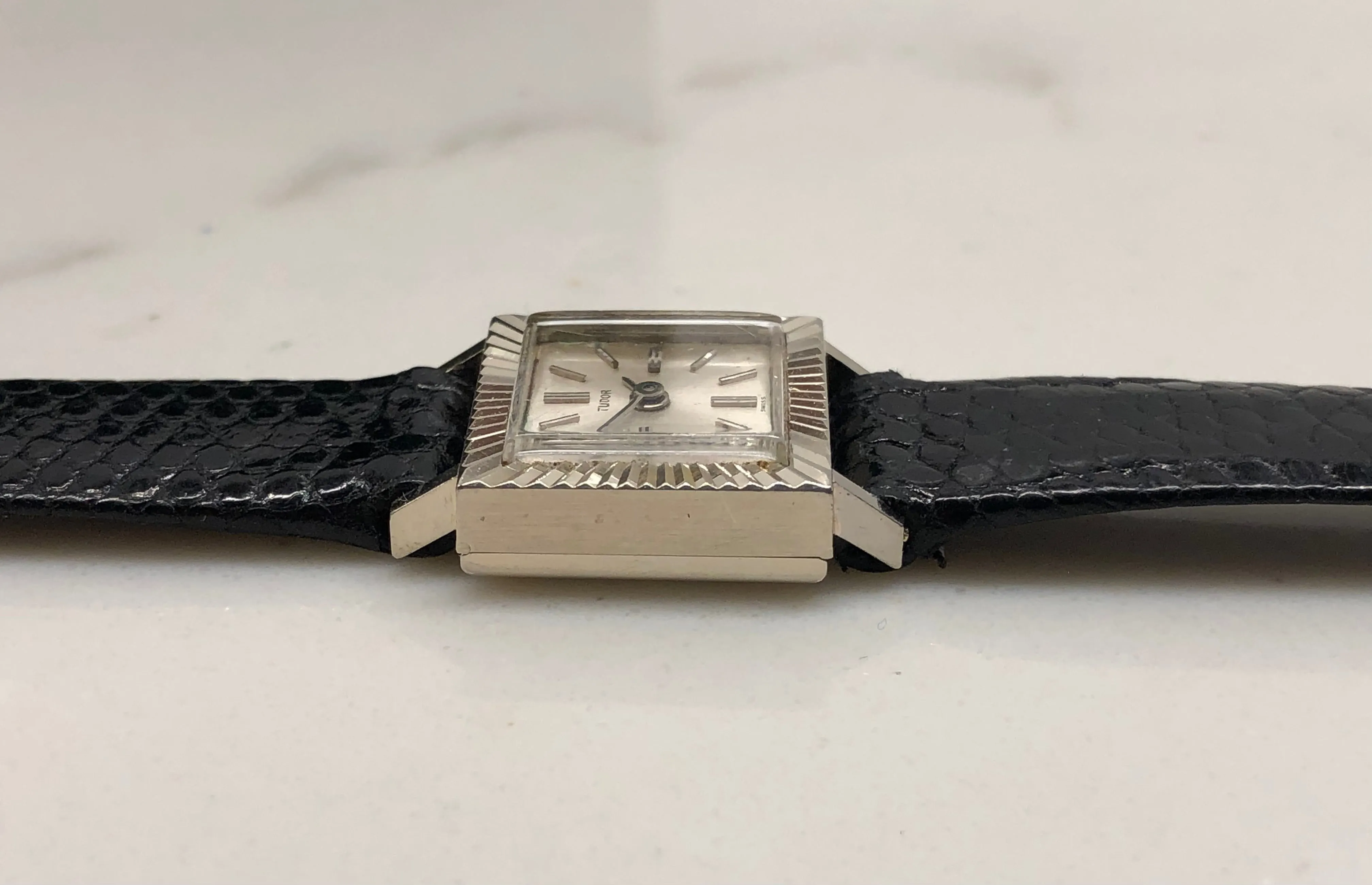 1966 Tudor 18K White Gold Ladies 1665 Square Fluted Bezel Leather Strap Wristwatch