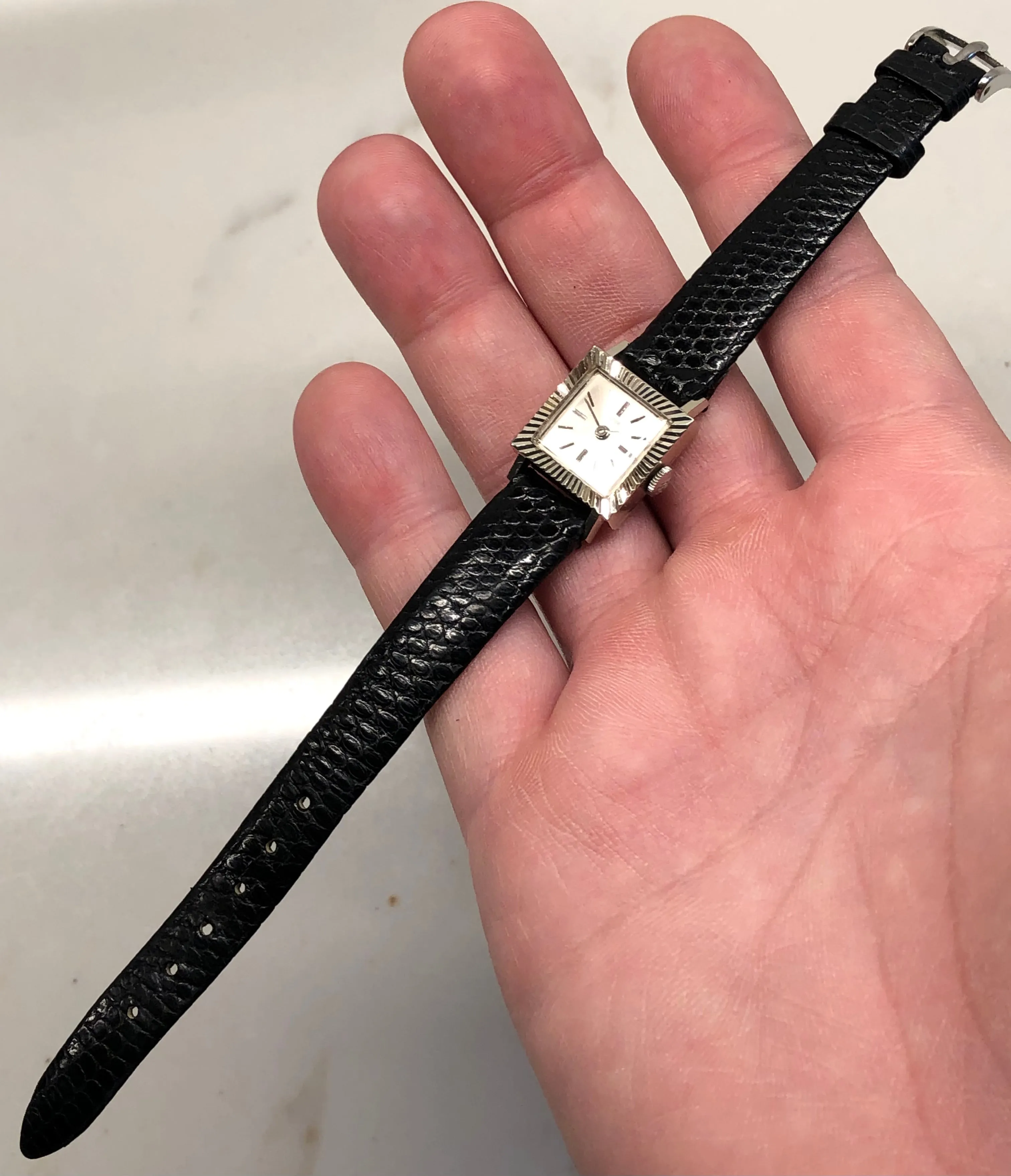 1966 Tudor 18K White Gold Ladies 1665 Square Fluted Bezel Leather Strap Wristwatch