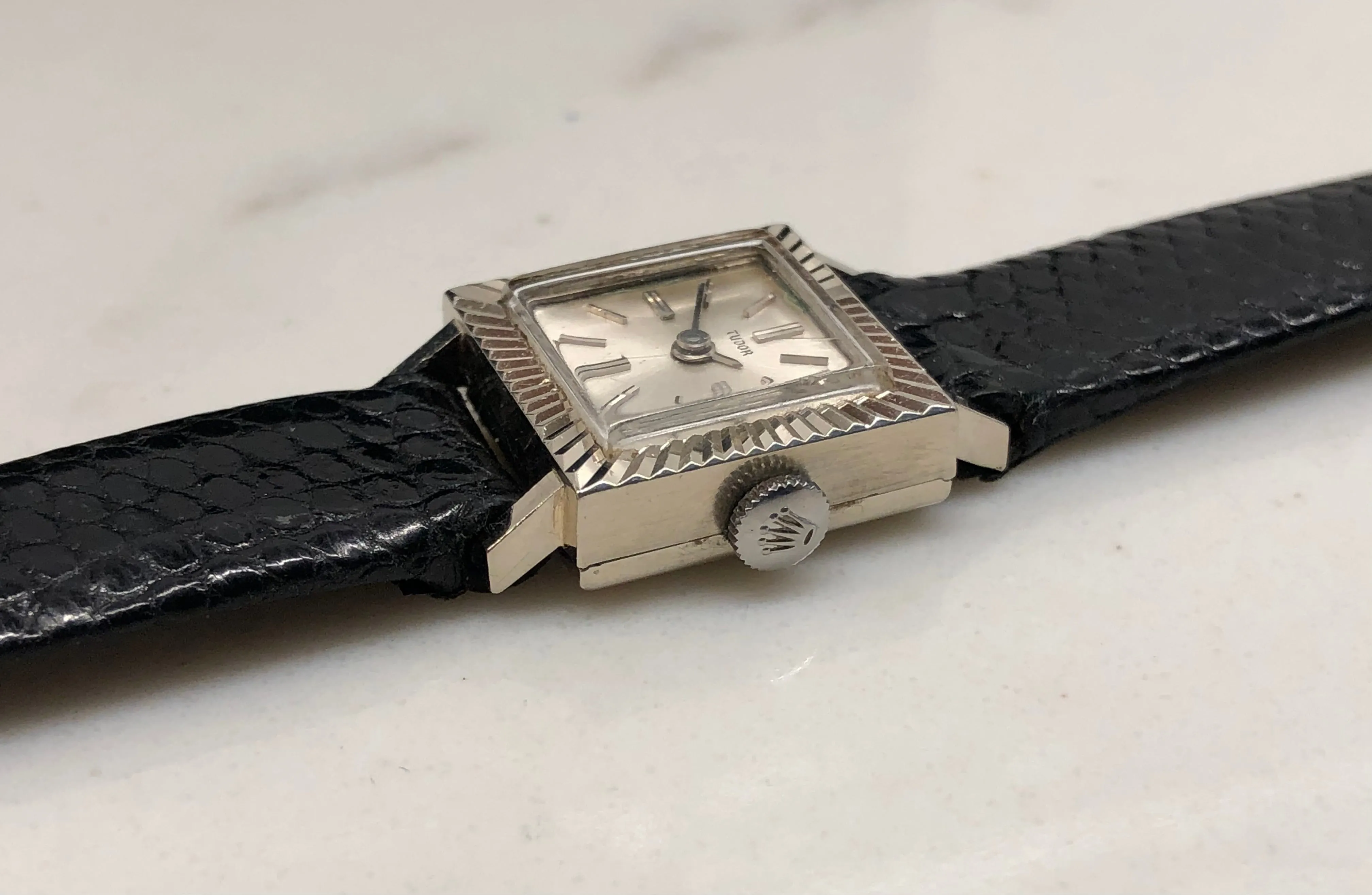 1966 Tudor 18K White Gold Ladies 1665 Square Fluted Bezel Leather Strap Wristwatch