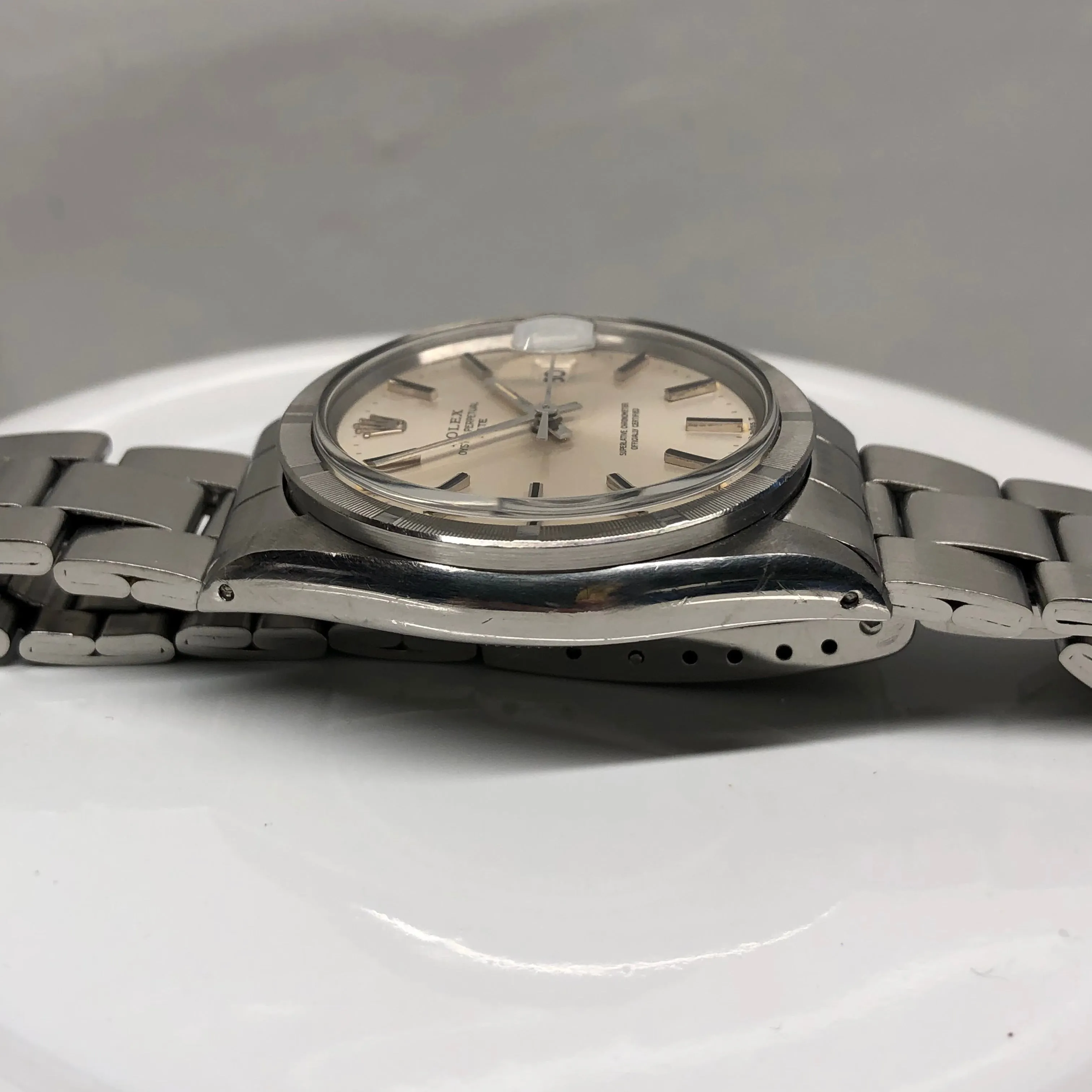 1970 Rolex Date 1501 Steel Engine Turned Oyster Silver Dial Wristwatch with PX Store Recepit and Punched Papers