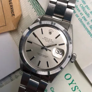 1970 Rolex Date 1501 Steel Engine Turned Oyster Silver Dial Wristwatch with PX Store Recepit and Punched Papers