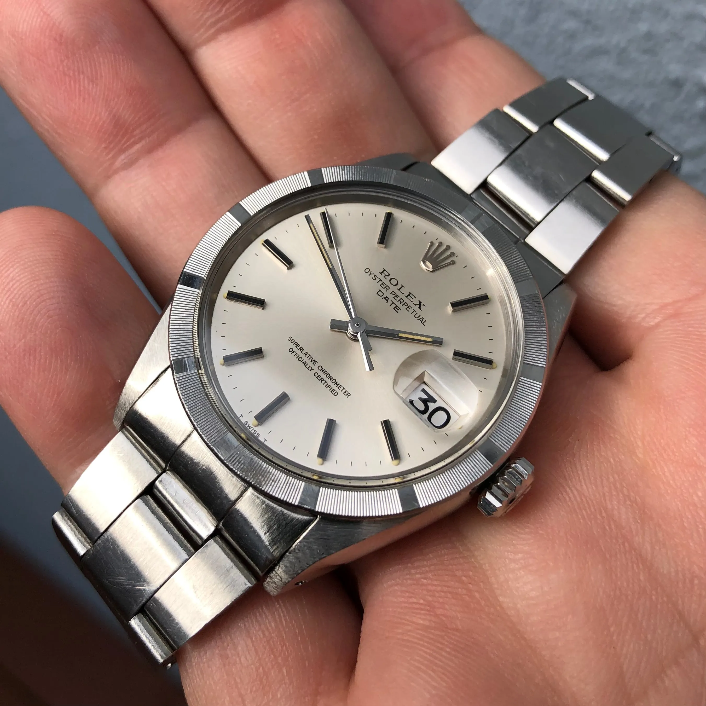 1970 Rolex Date 1501 Steel Engine Turned Oyster Silver Dial Wristwatch with PX Store Recepit and Punched Papers