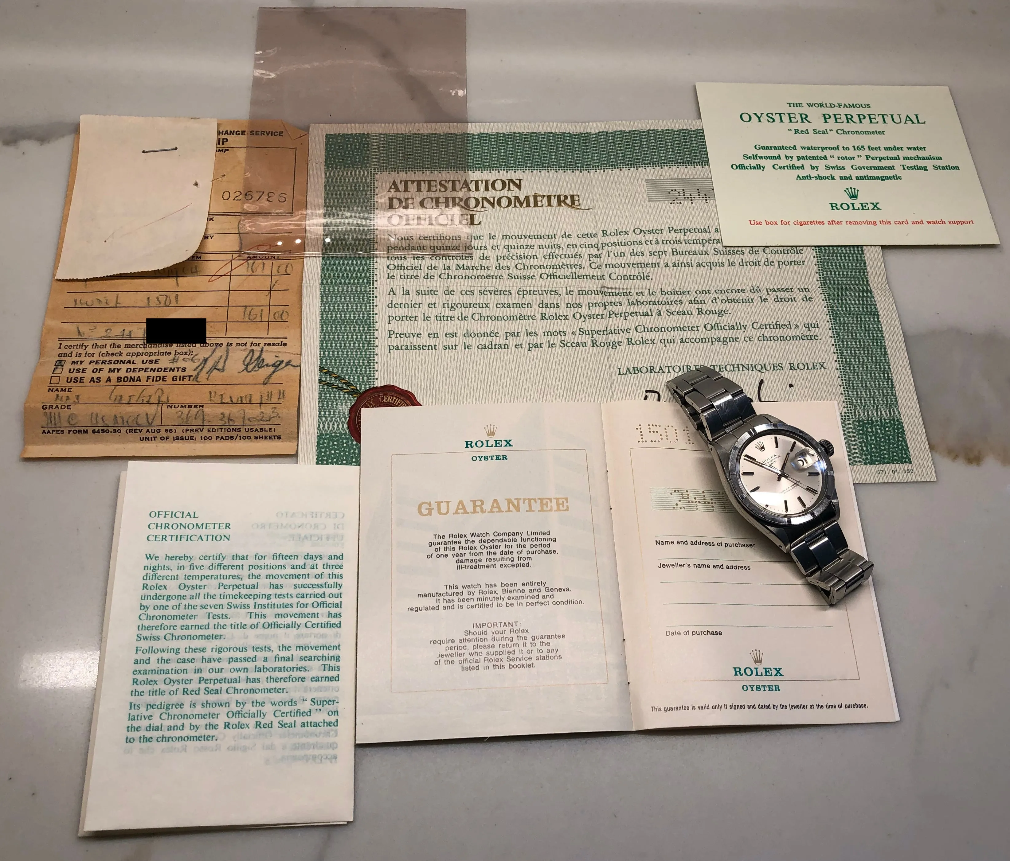 1970 Rolex Date 1501 Steel Engine Turned Oyster Silver Dial Wristwatch with PX Store Recepit and Punched Papers