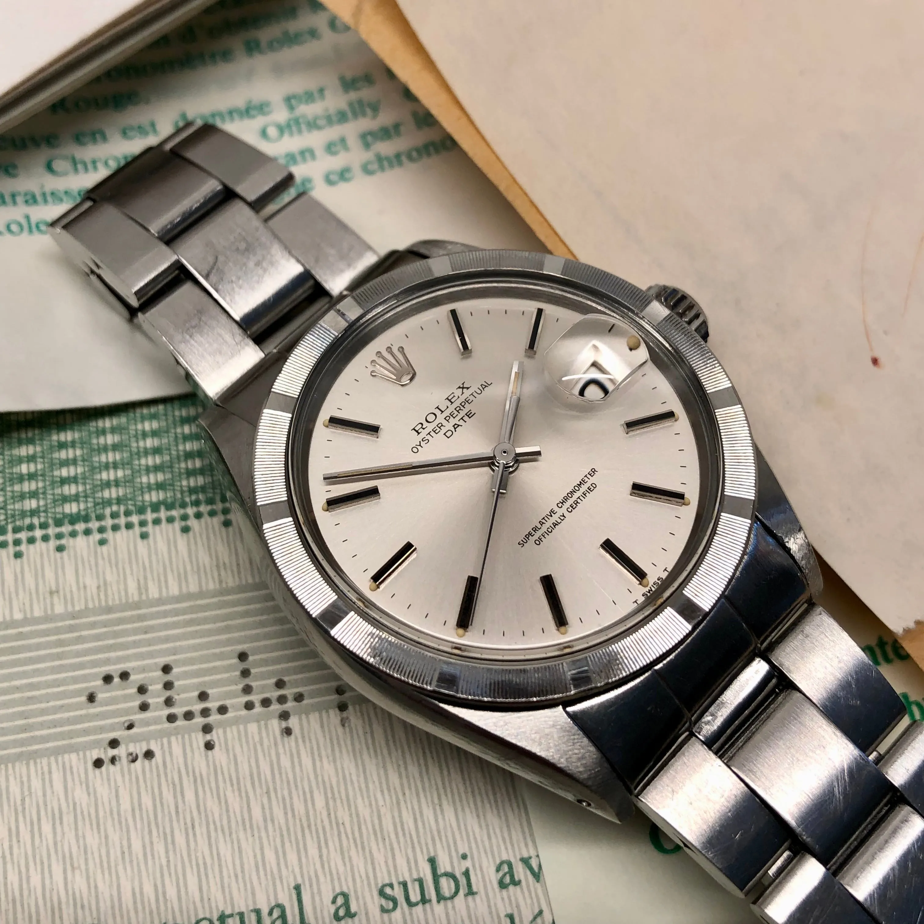 1970 Rolex Date 1501 Steel Engine Turned Oyster Silver Dial Wristwatch with PX Store Recepit and Punched Papers