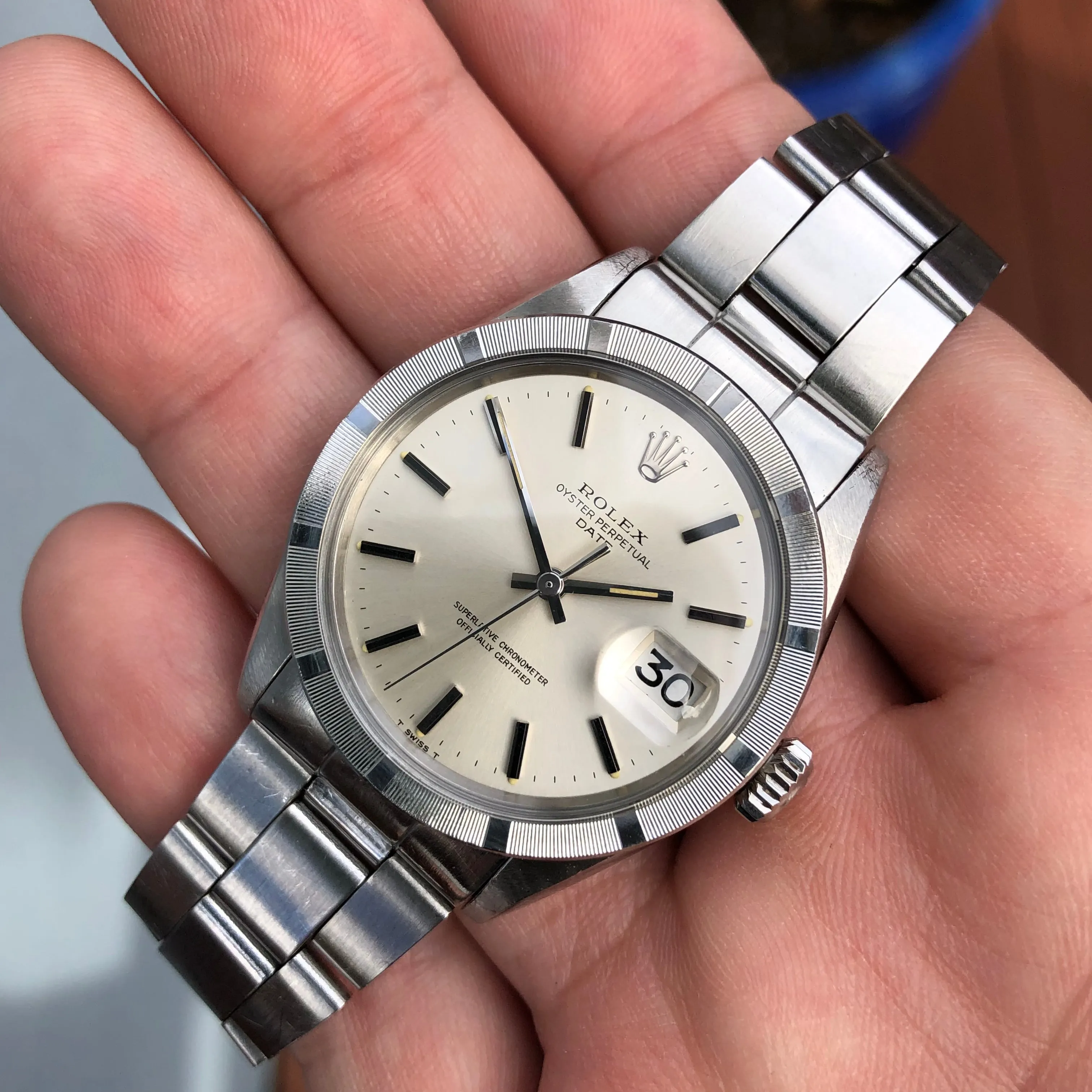 1970 Rolex Date 1501 Steel Engine Turned Oyster Silver Dial Wristwatch with PX Store Recepit and Punched Papers
