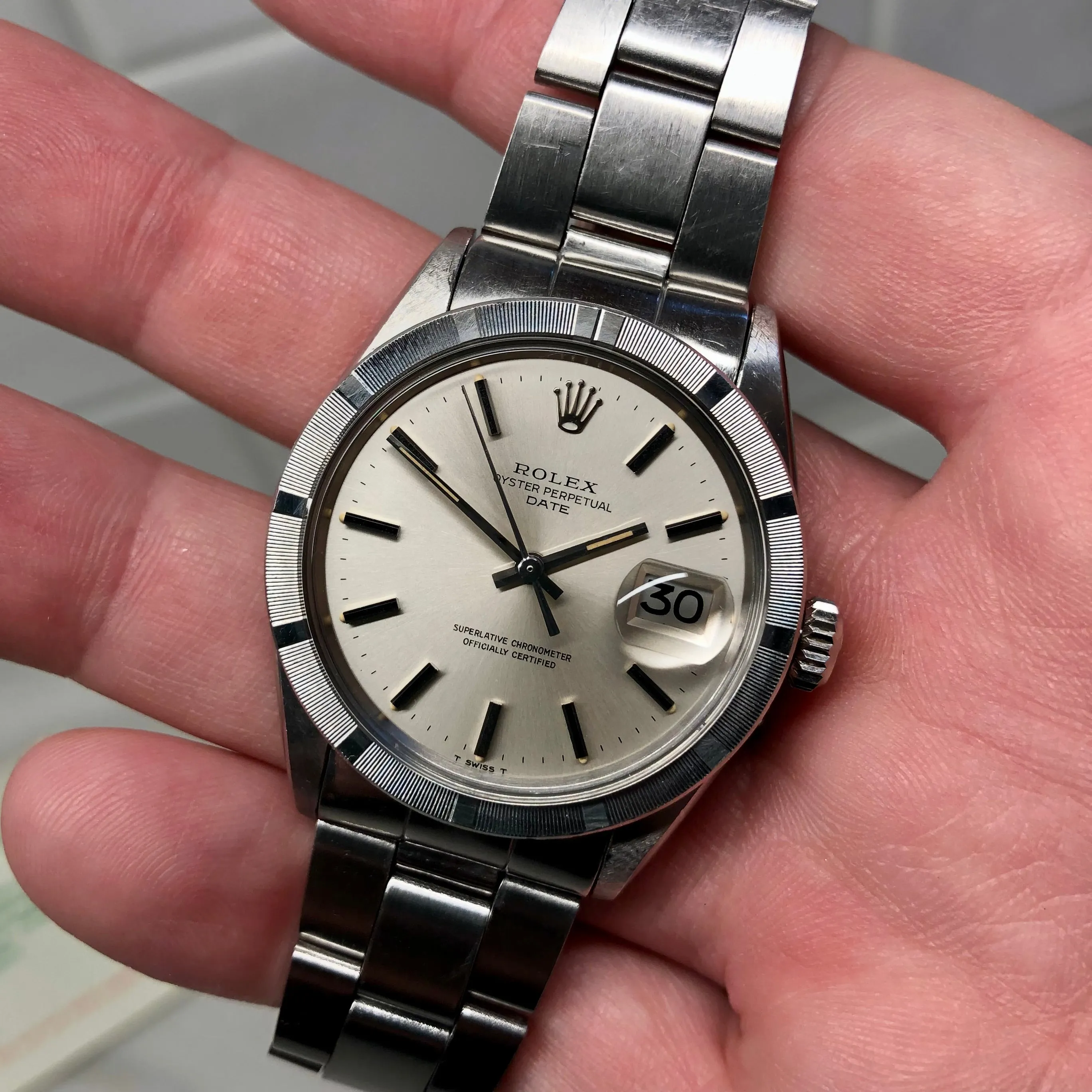 1970 Rolex Date 1501 Steel Engine Turned Oyster Silver Dial Wristwatch with PX Store Recepit and Punched Papers