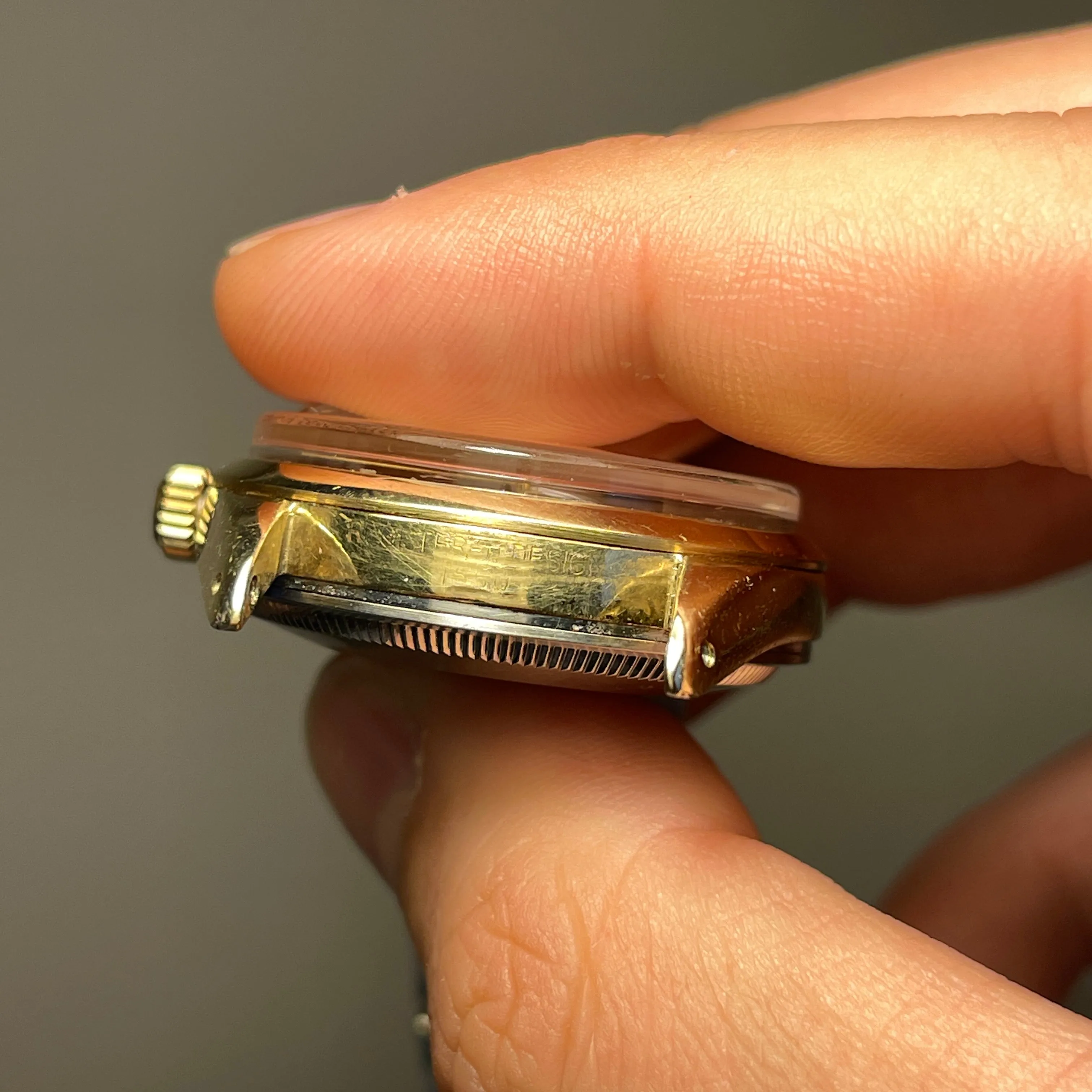 1970 Vintage Rolex Oyster Perpetual Date 1550 Silver Stick Cal. 1570 Automatic Gold Shell Wristwatch