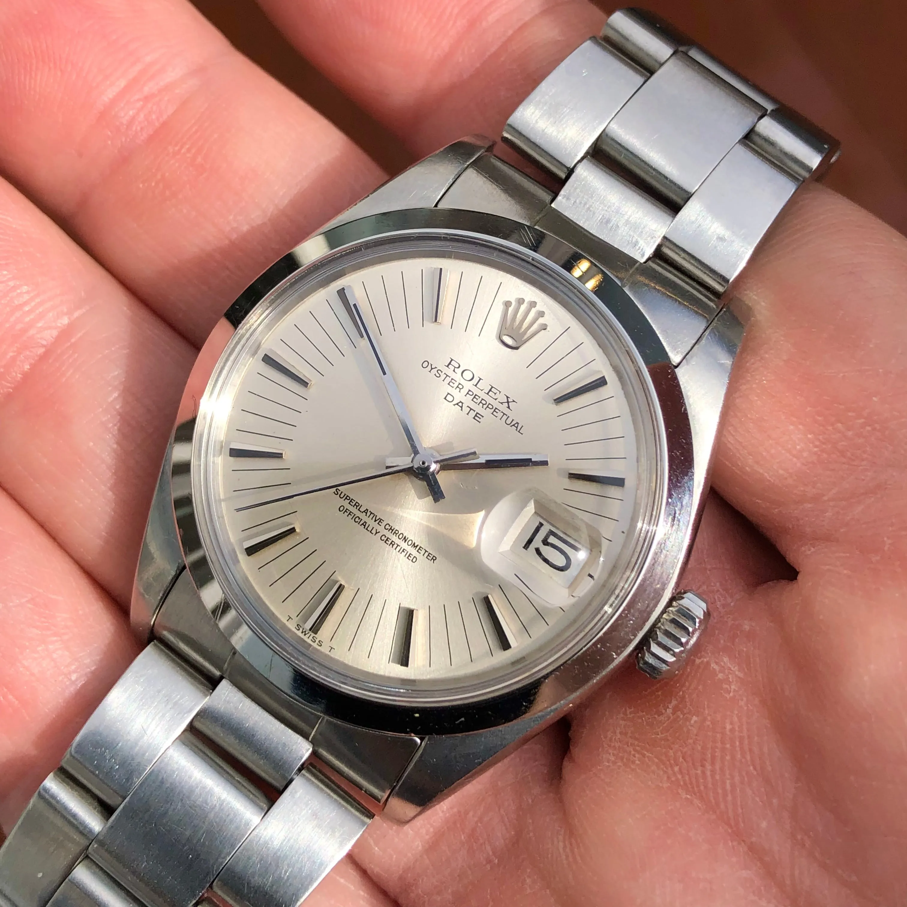 1971 Rolex Date 1500 Oyster Perpetual Silver Radial Dial Steel Automatic Wristwatch