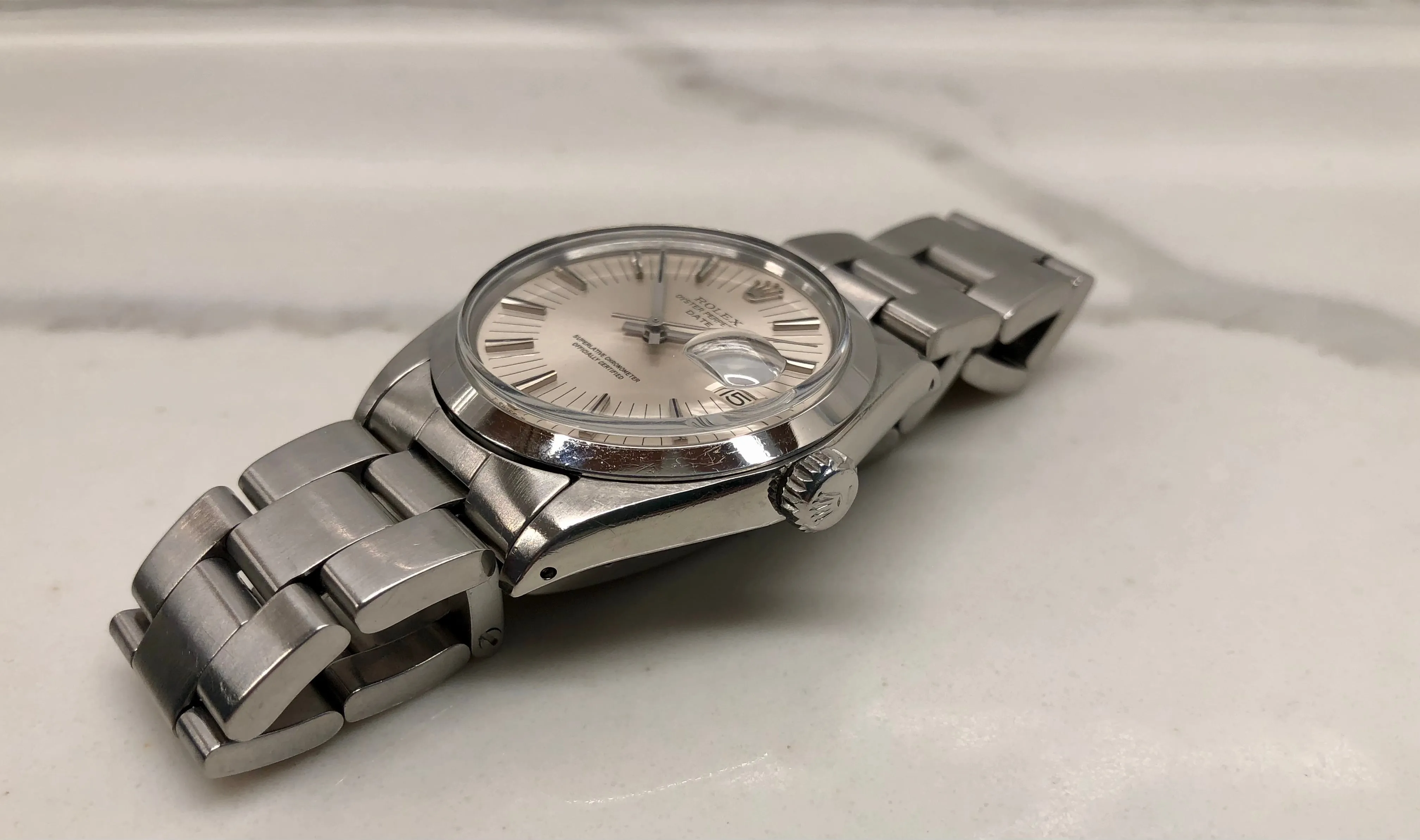 1971 Rolex Date 1500 Oyster Perpetual Silver Radial Dial Steel Automatic Wristwatch