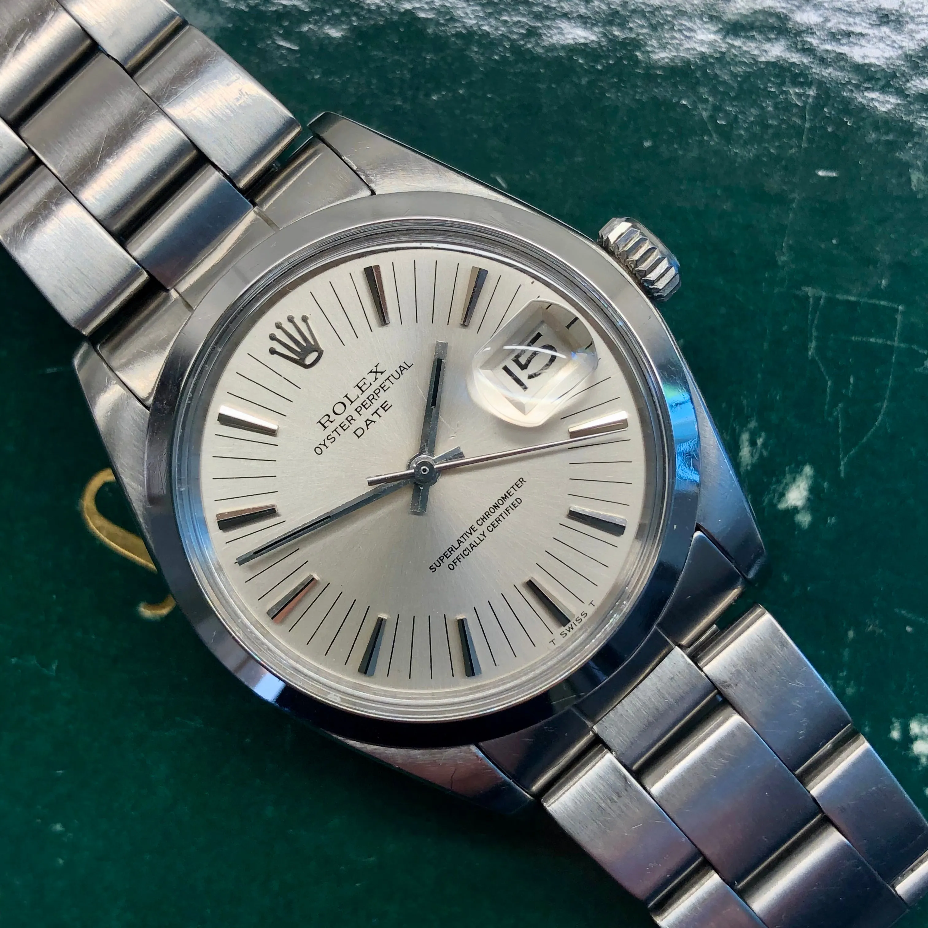 1971 Rolex Date 1500 Oyster Perpetual Silver Radial Dial Steel Automatic Wristwatch