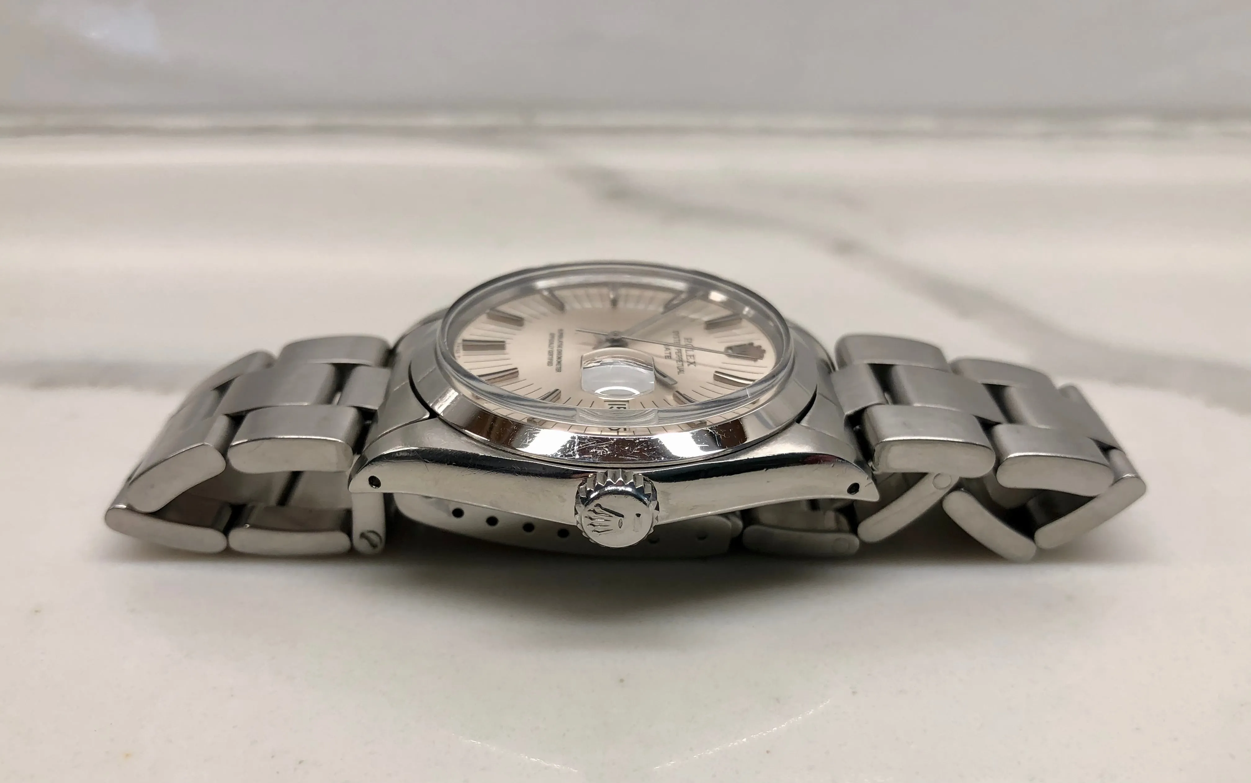 1971 Rolex Date 1500 Oyster Perpetual Silver Radial Dial Steel Automatic Wristwatch