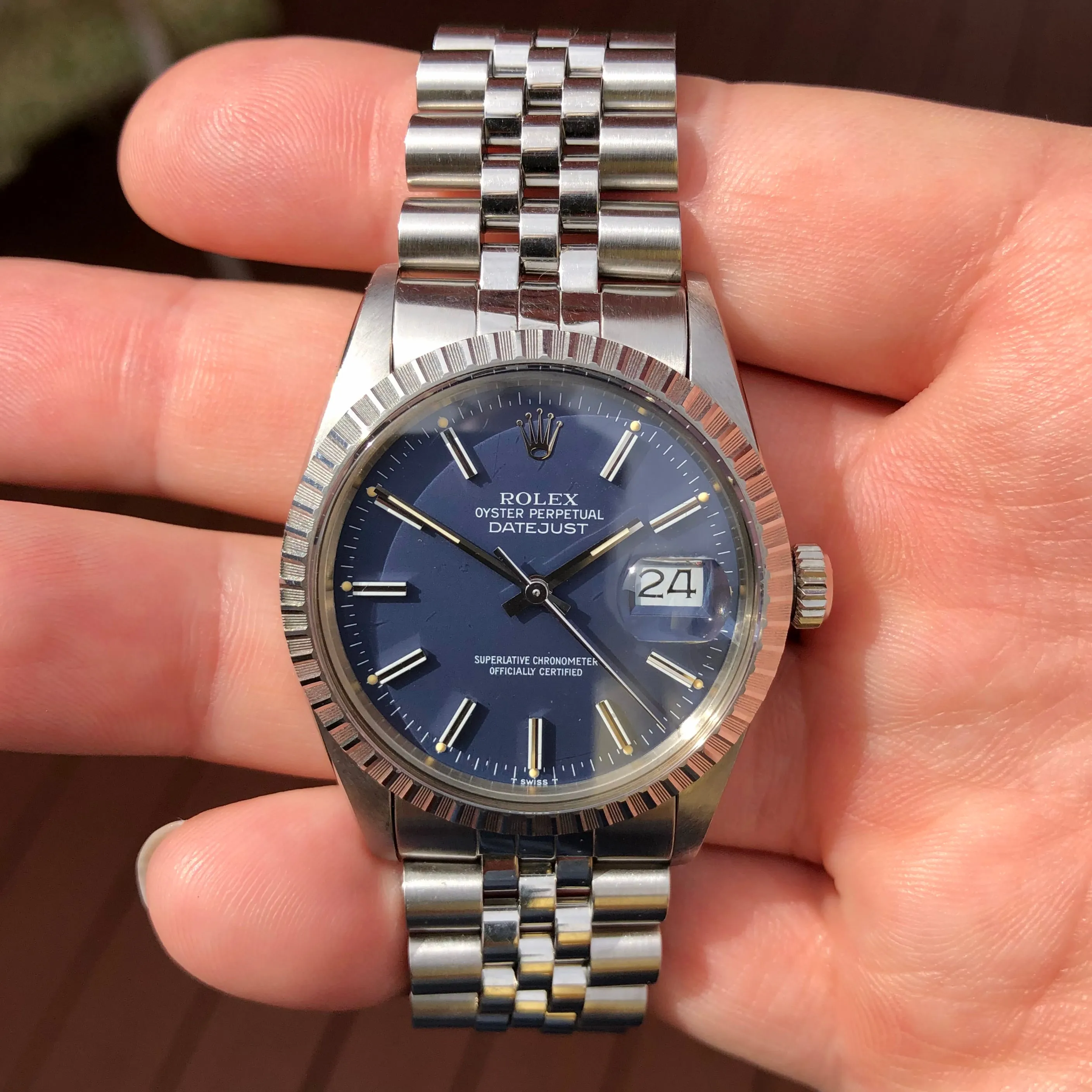 1985 Vintage Rolex Datejust 16030 Steel Blue Engine Turned Automatic Wristwatch