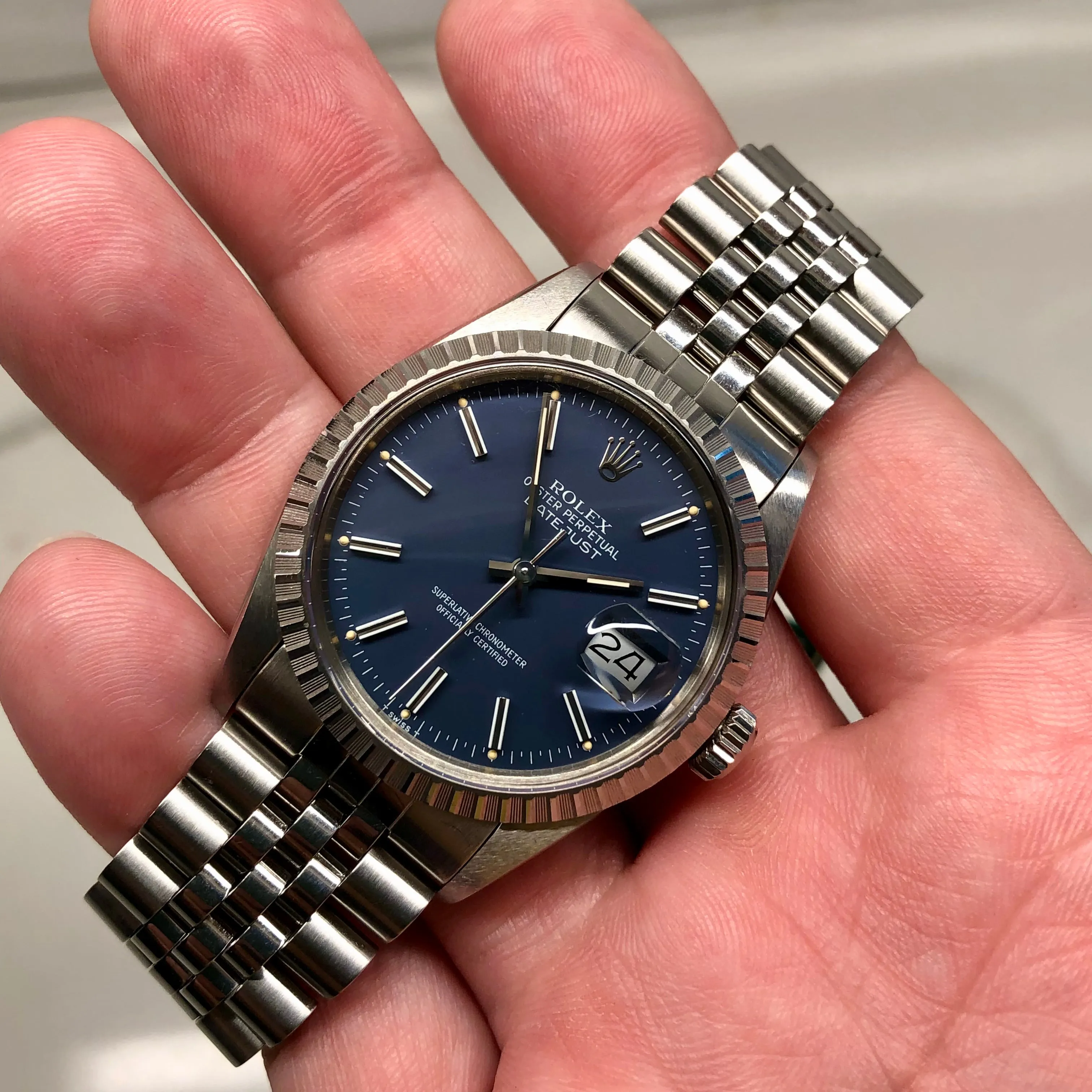 1985 Vintage Rolex Datejust 16030 Steel Blue Engine Turned Automatic Wristwatch