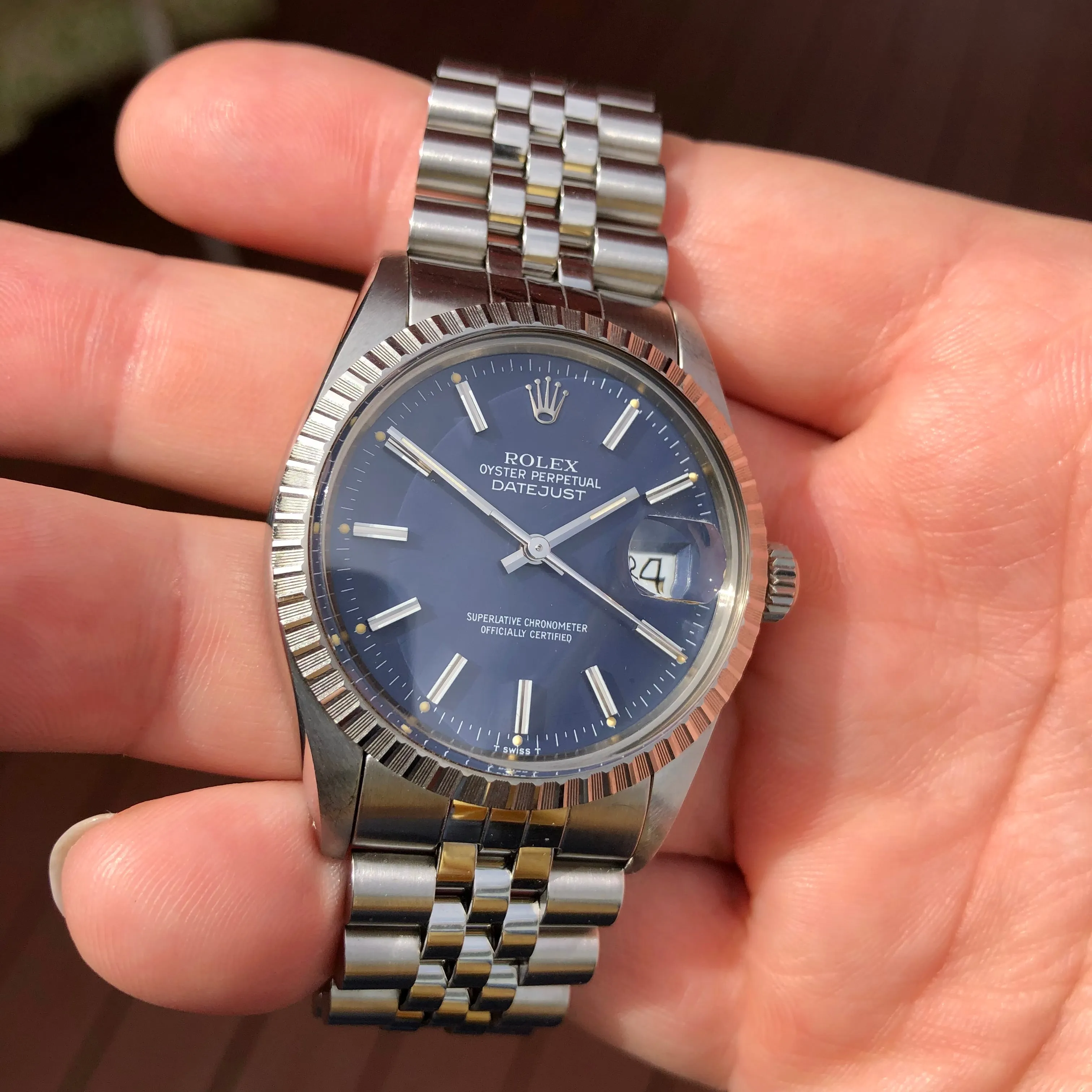 1985 Vintage Rolex Datejust 16030 Steel Blue Engine Turned Automatic Wristwatch