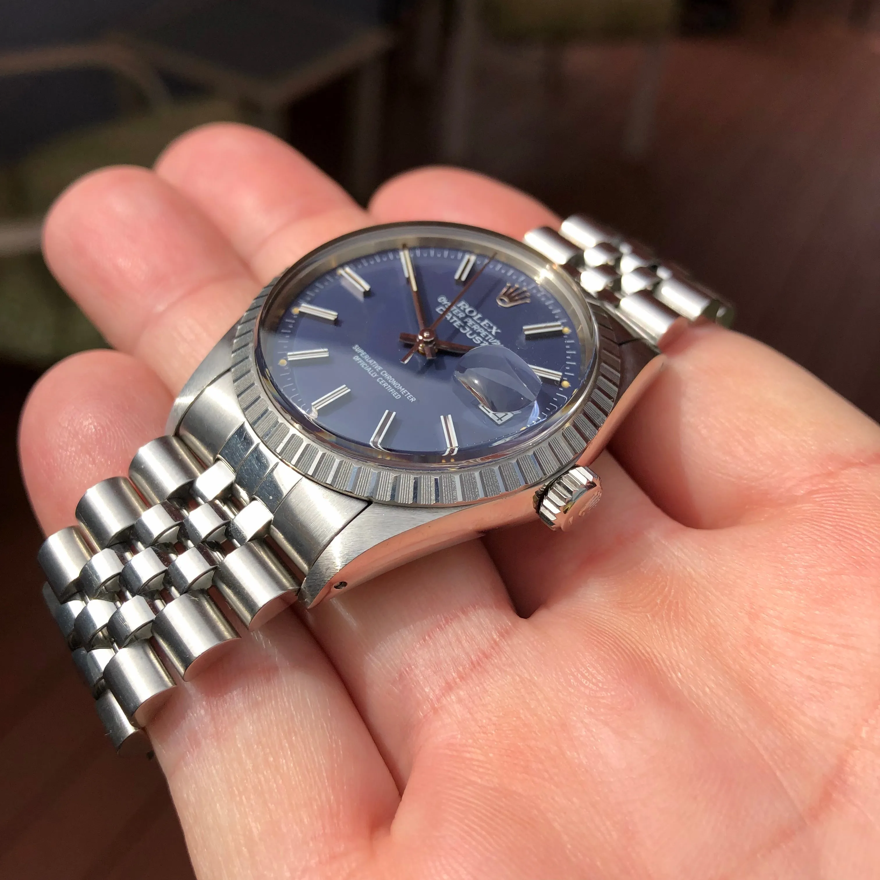1985 Vintage Rolex Datejust 16030 Steel Blue Engine Turned Automatic Wristwatch
