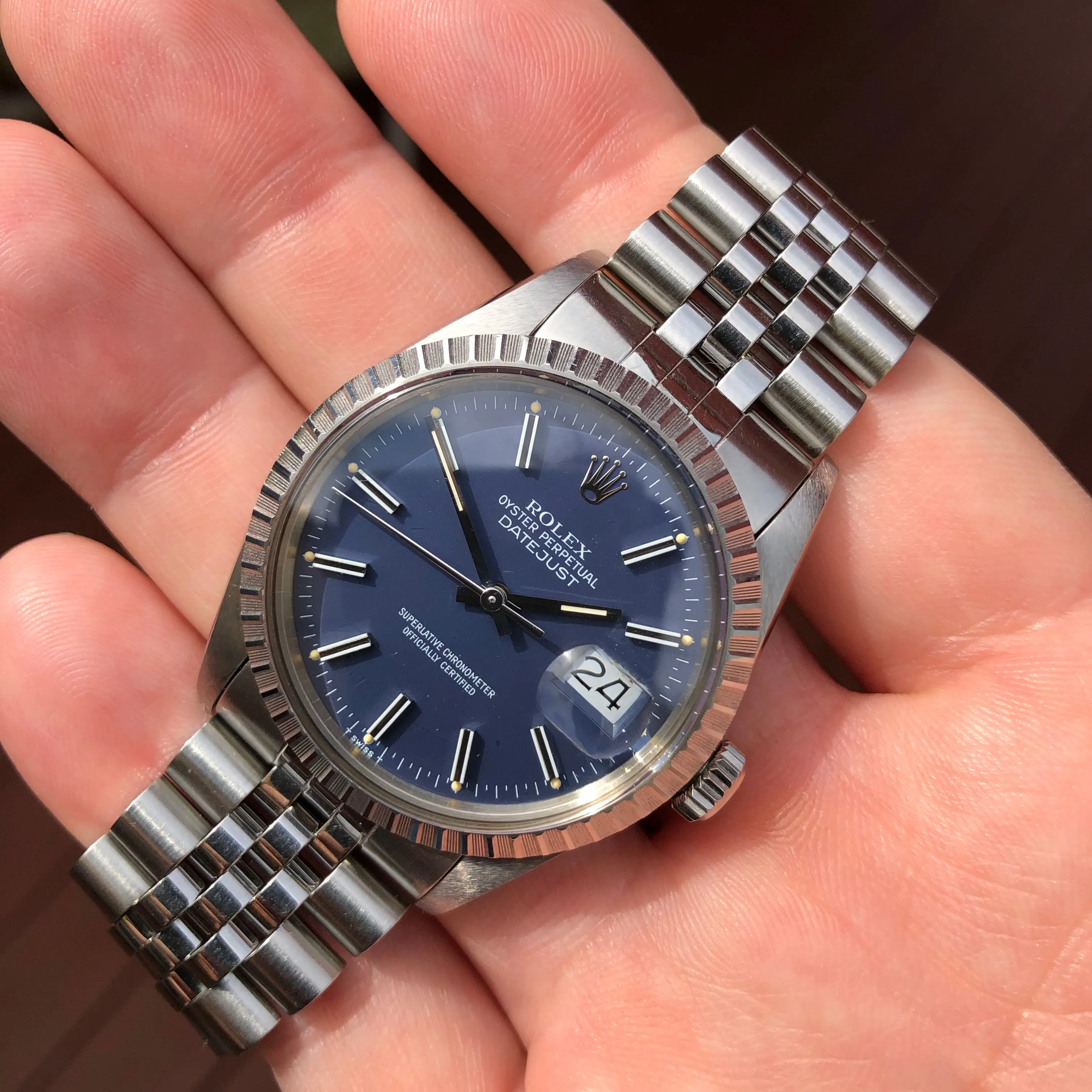 1985 Vintage Rolex Datejust 16030 Steel Blue Engine Turned Automatic Wristwatch