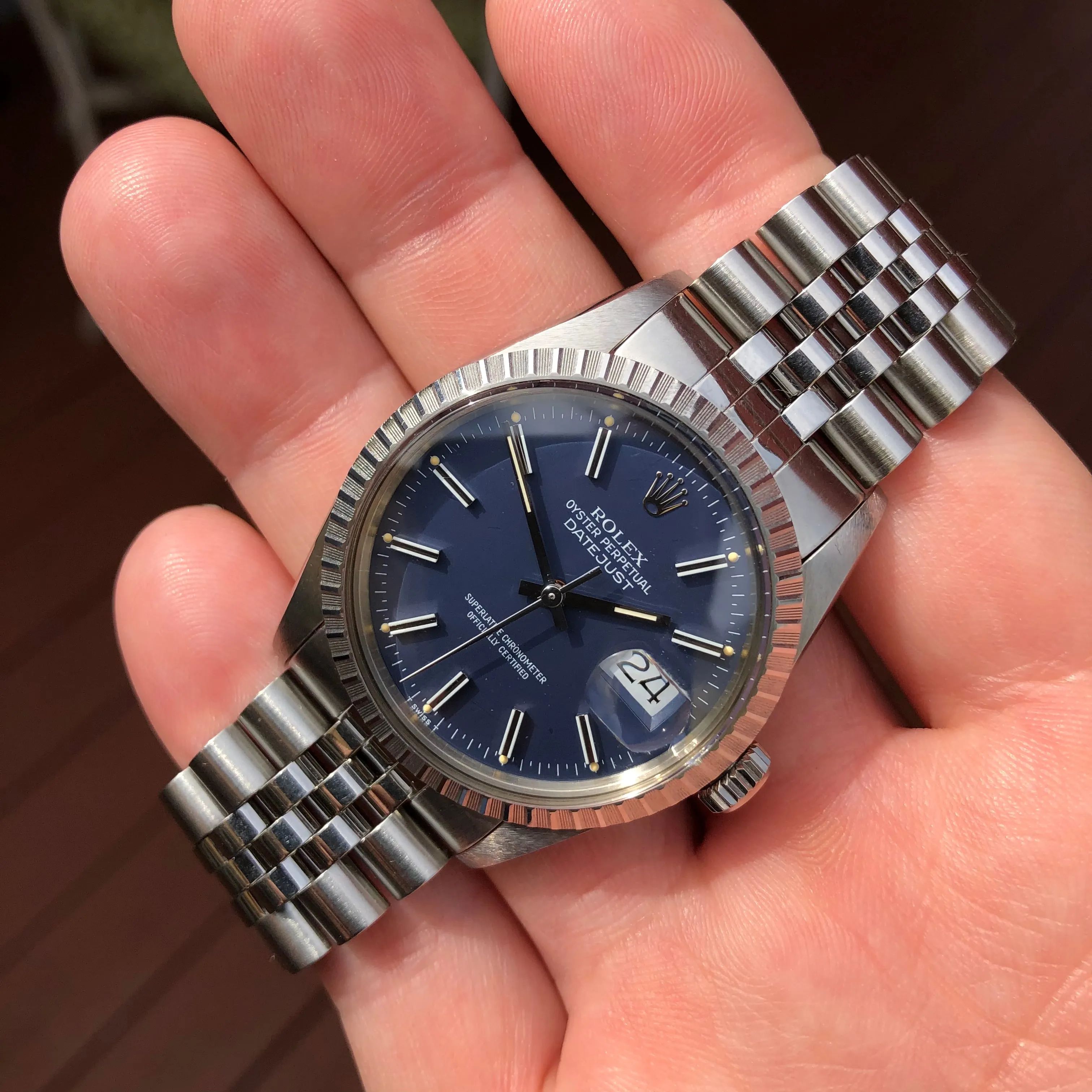 1985 Vintage Rolex Datejust 16030 Steel Blue Engine Turned Automatic Wristwatch