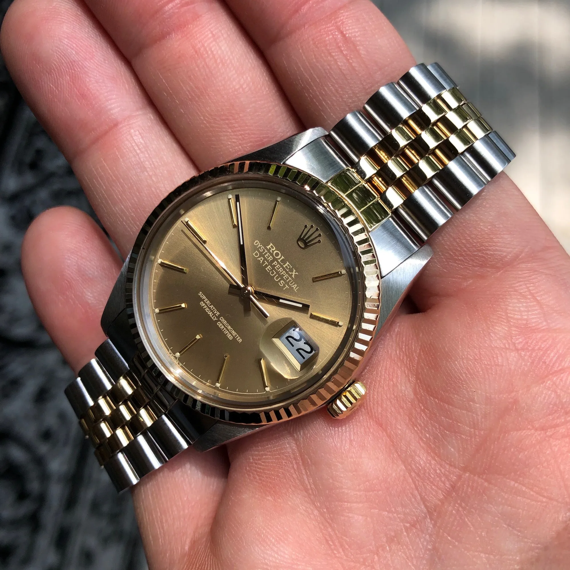 1986 Rolex Datejust 16013 Dark Champagne Steel Gold Two Tone Jubilee Automatic Wristwatch