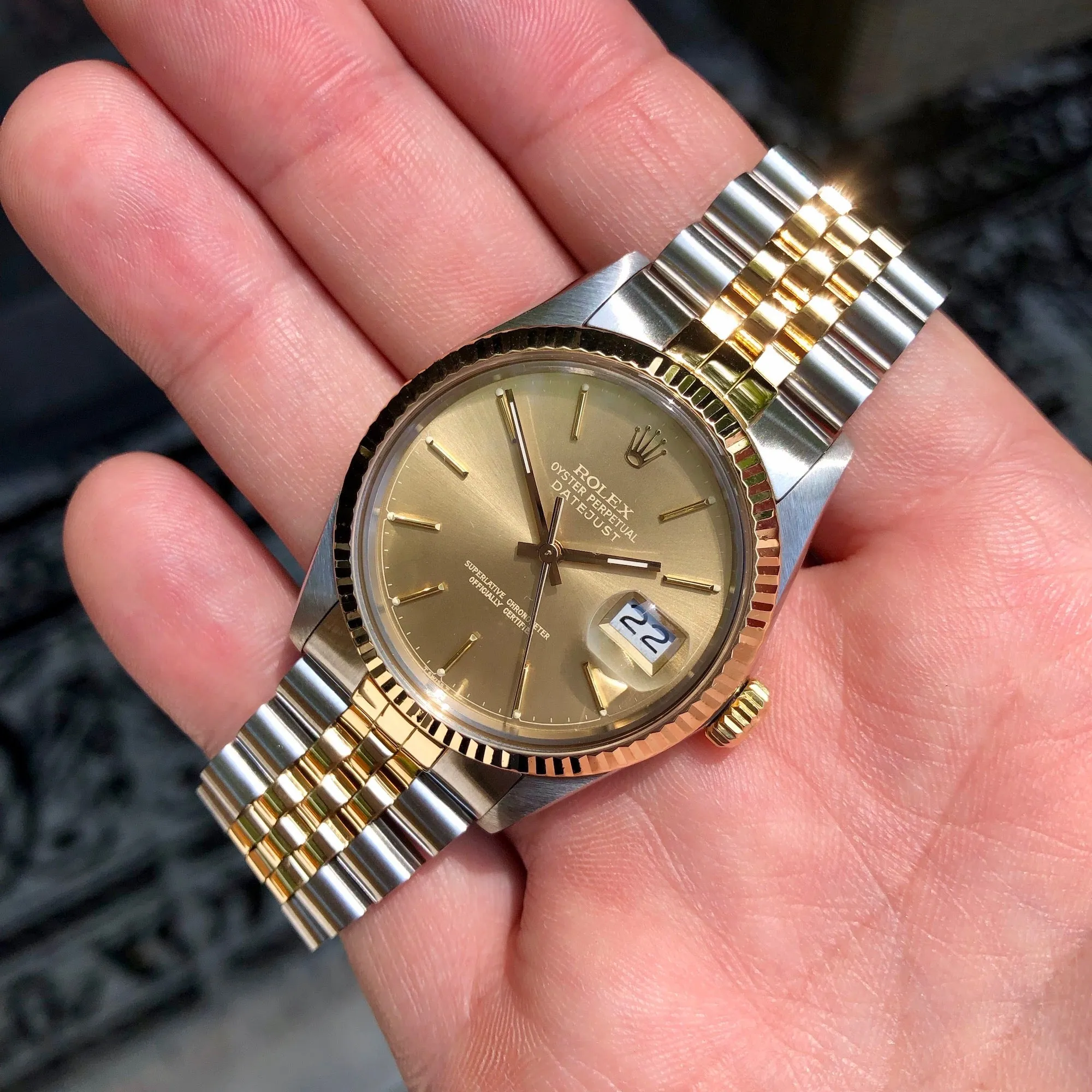 1986 Rolex Datejust 16013 Dark Champagne Steel Gold Two Tone Jubilee Automatic Wristwatch