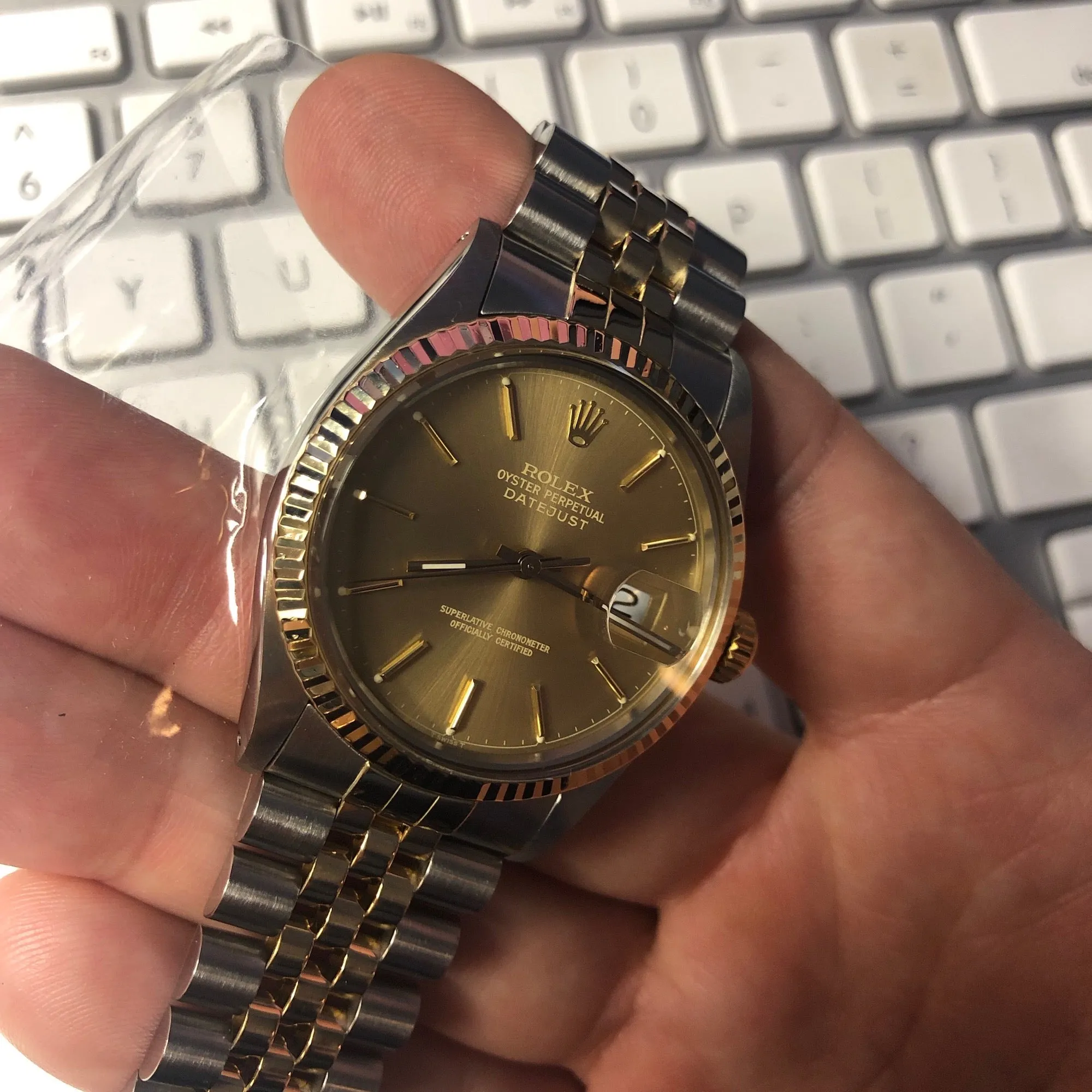 1986 Rolex Datejust 16013 Dark Champagne Steel Gold Two Tone Jubilee Automatic Wristwatch