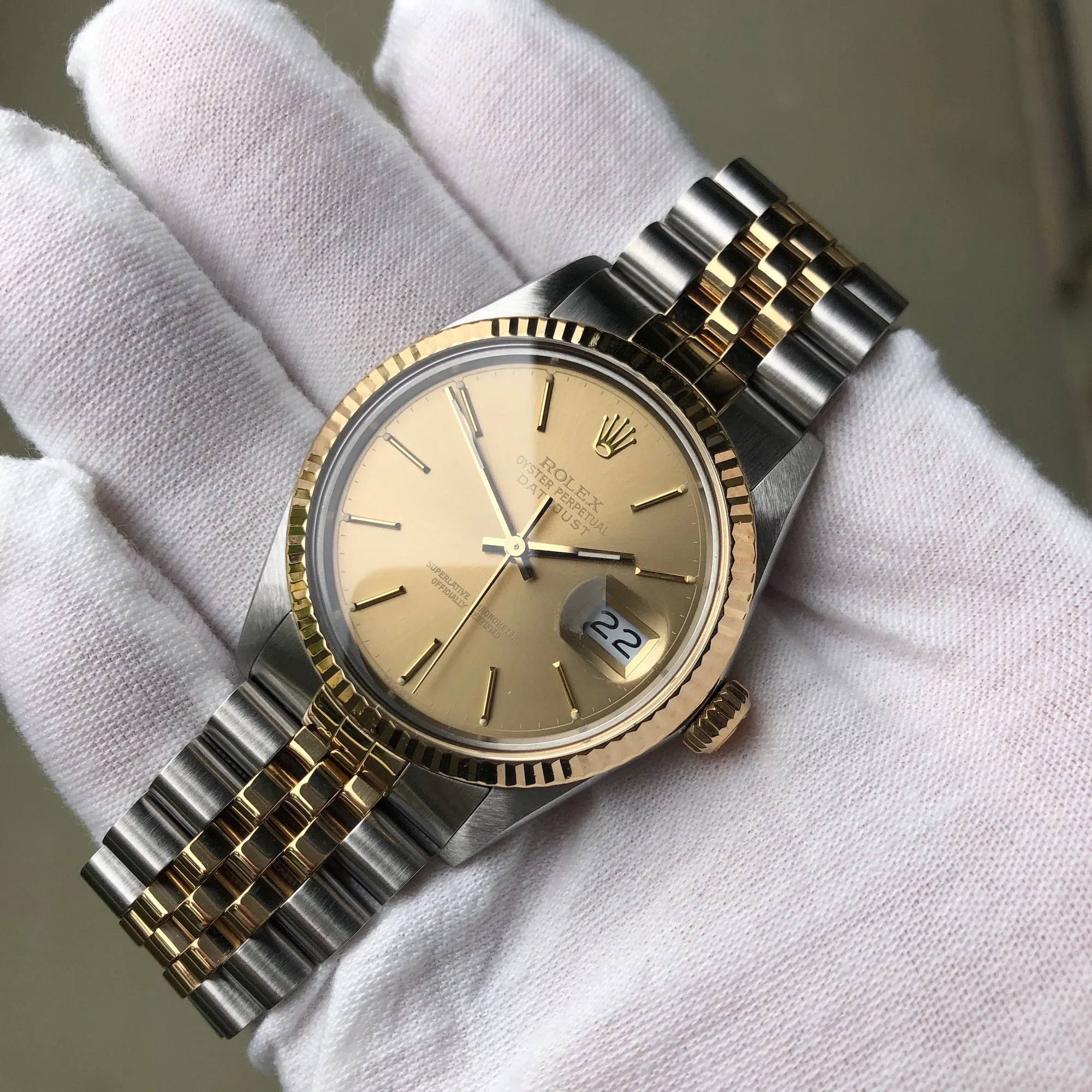 1986 Rolex Datejust 16013 Dark Champagne Steel Gold Two Tone Jubilee Automatic Wristwatch
