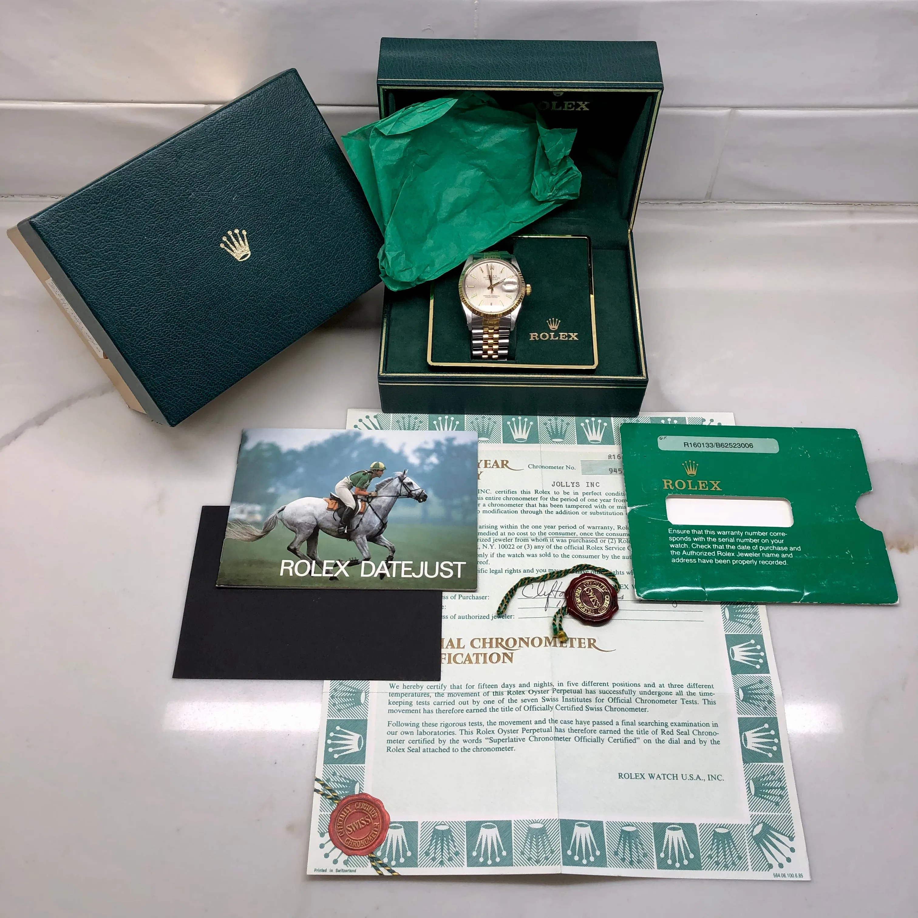 1986 Rolex Datejust 16013 Silver Tapestry Two Tone Jubilee Wristwatch with Box and Papers