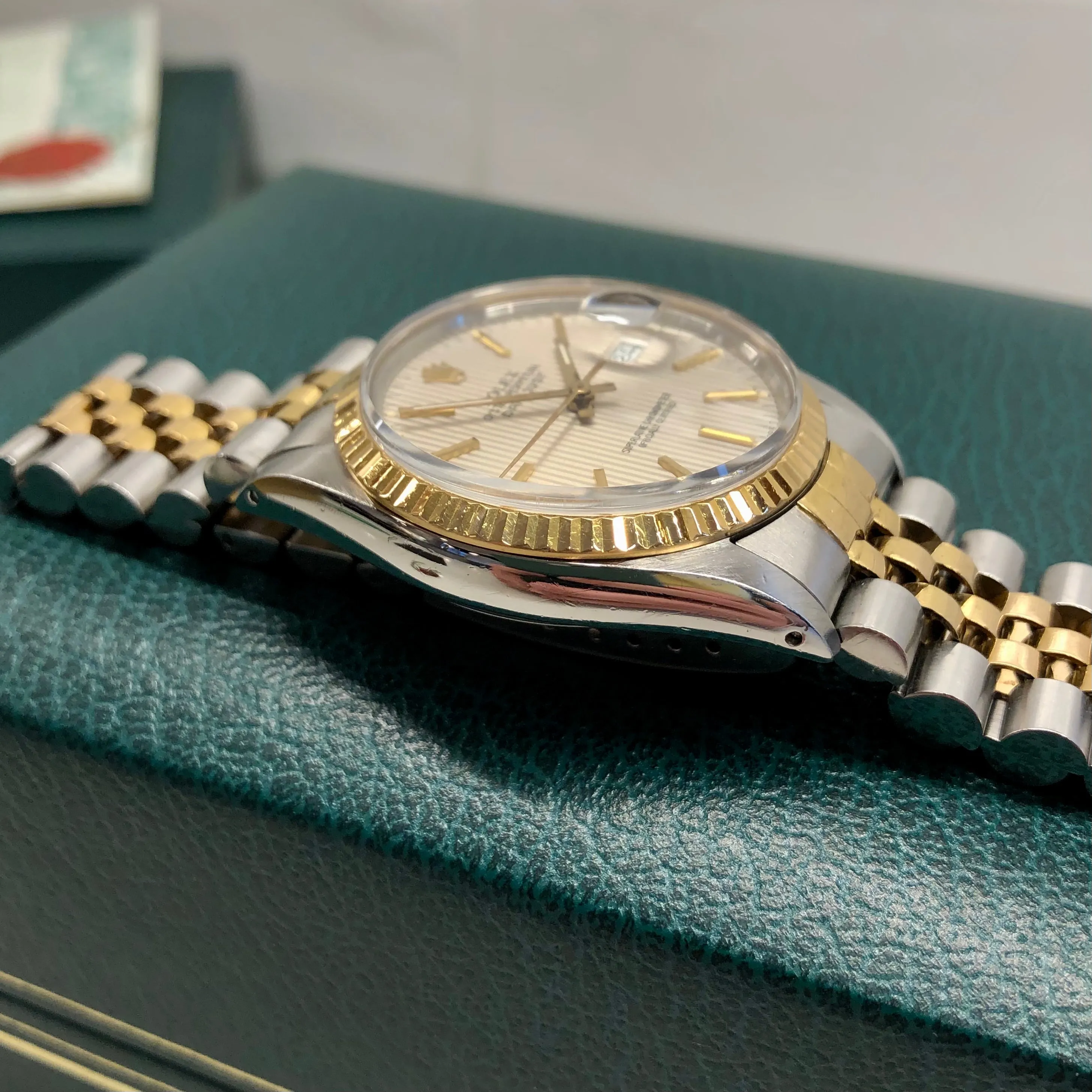1986 Rolex Datejust 16013 Silver Tapestry Two Tone Jubilee Wristwatch with Box and Papers